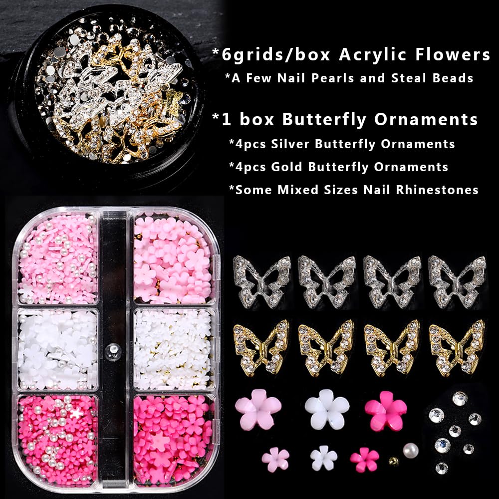 3D Flower Nail Charms, 3D Acrylic Flower White Pink Blossom Petal With Pearls Beads, Metal Alloy Gold Silver Butterfly With Rhin