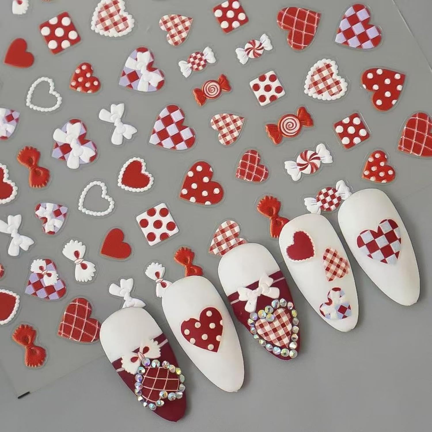 Valentine's Day Nail Stickers Red Pink Heart Bow Nail Art Decals 5D Embossed Self Adhesive Romantic Nail Design Valentine's Day 
