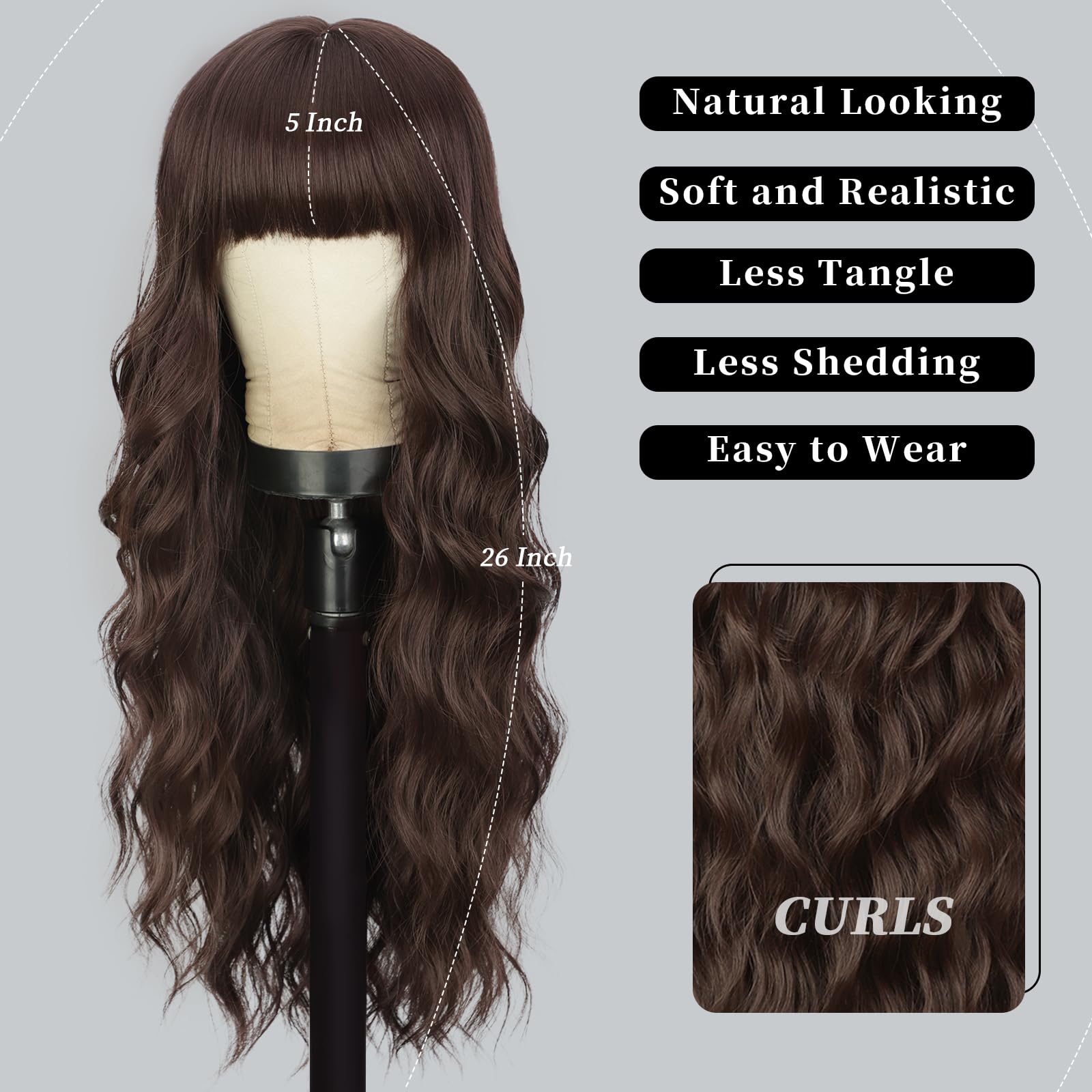 Lativ Long Wavy Reddish Brown Wig with Bangs, 26 Inch Synthetic Heat Resistant Fiber for Daily Party Use