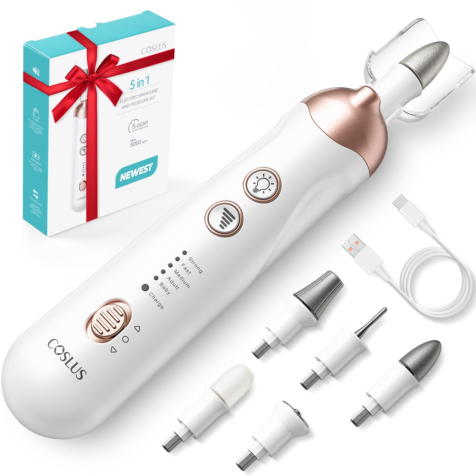COSLUS Professional Manicure Pedicure Kit: 5 in 1 Electric Nail File Set Toenail Grinder, 5 Speed Cordless Nail Drill for Thick 