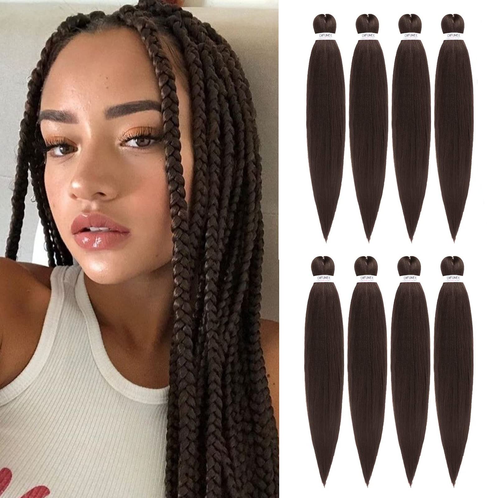 Difunee Pre-Stretched Braiding Hair - 22 Inch 8 Packs Light Brown Long Braiding Hair For Twist Or Box Braids, Yaki Texture Hot W