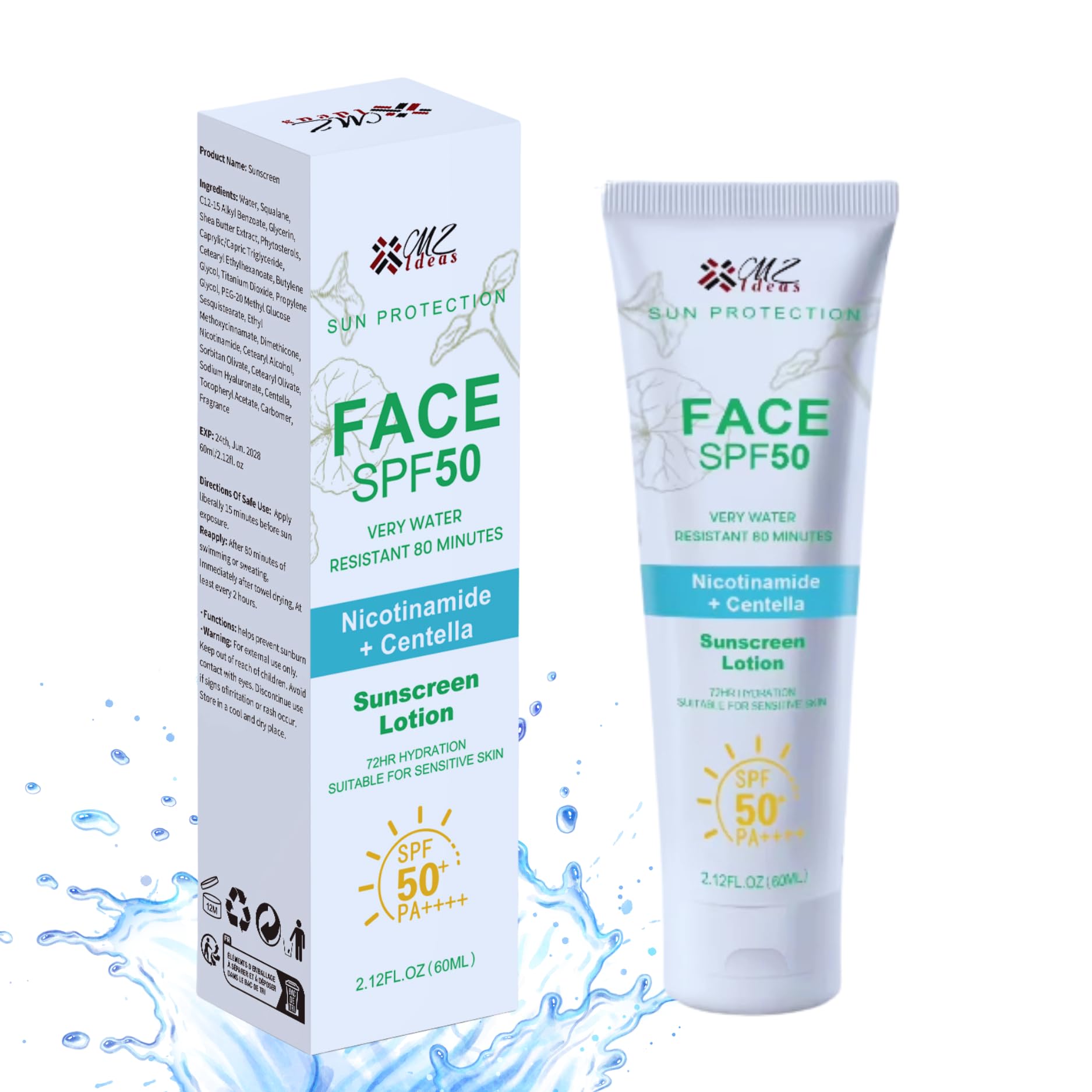 MZ Ideas Face Sunscreen SPF 50 PA+++,Very Water Resistant 80 Minutes, with Niacinamide, Centella, 72H Hydration for sensative sk
