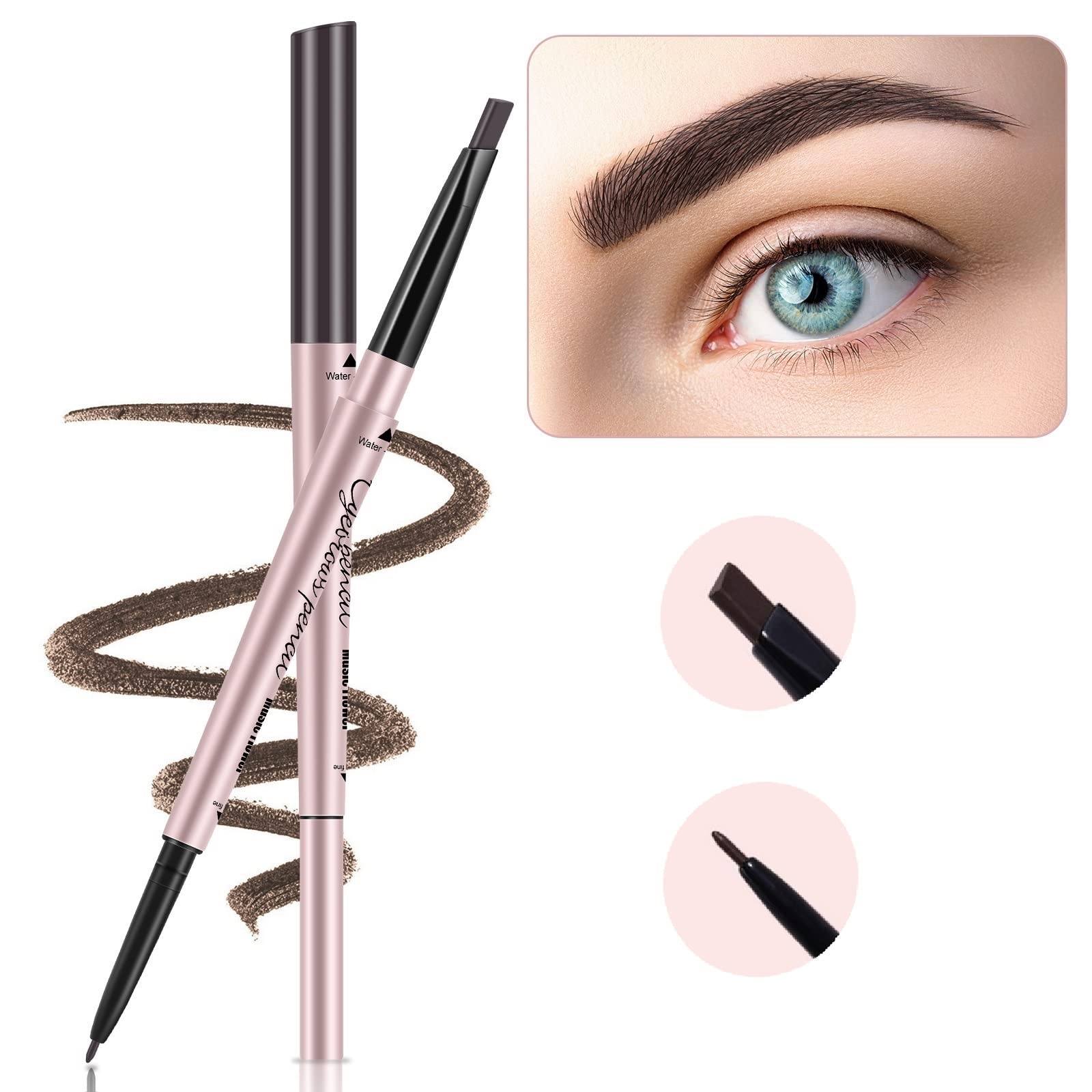 Turritopsisd Eyebrow Pencils 2-Pack, Professional Brow Pencil Dual Tips Retractable Waterproof Natural Eye Brows Makeup, Dark Br