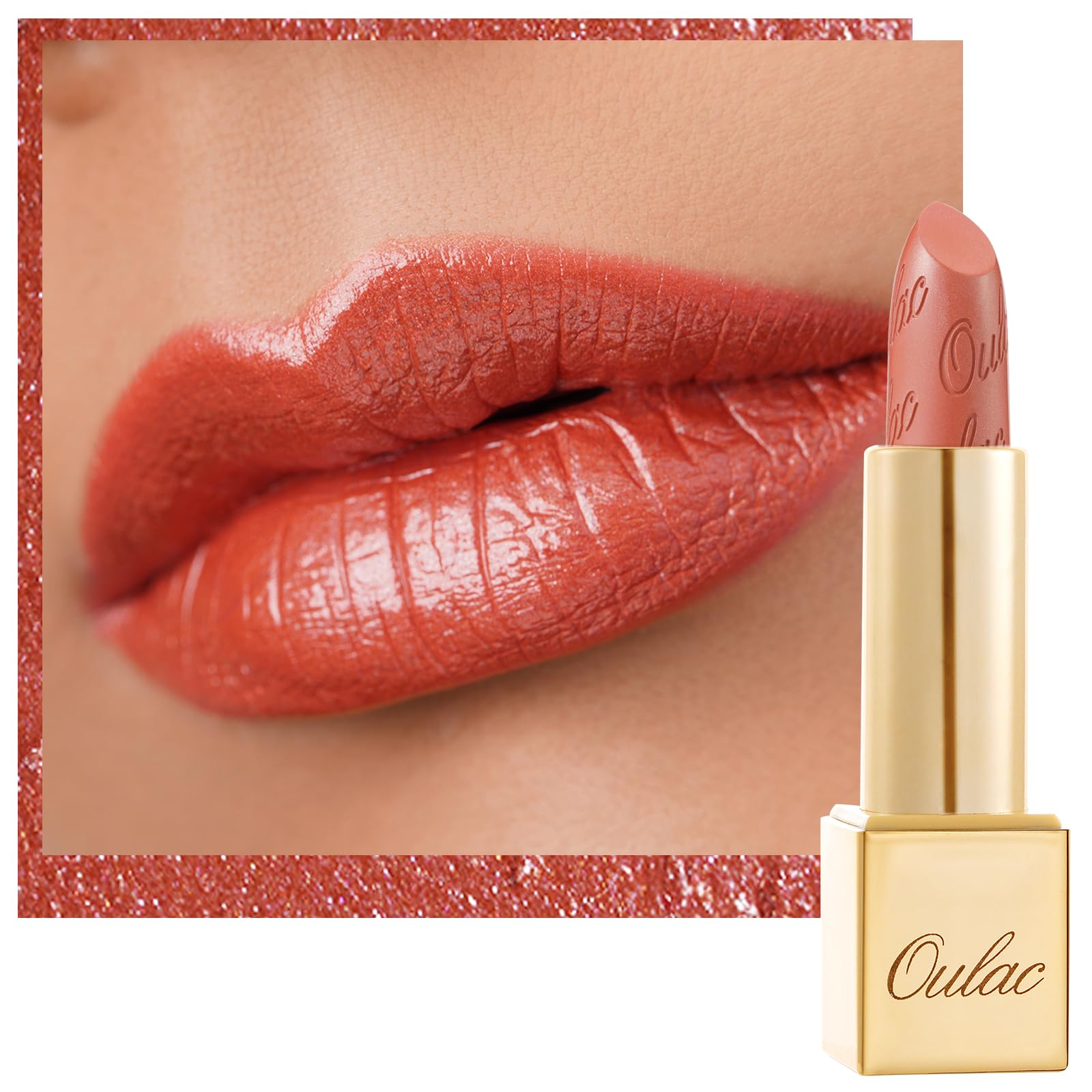 Oulac Coral Orange Lipstick For Women With Metallic 3D Shine Lightweight Hydrating Formula, High Impact Lip Color, Vegan Beauty,