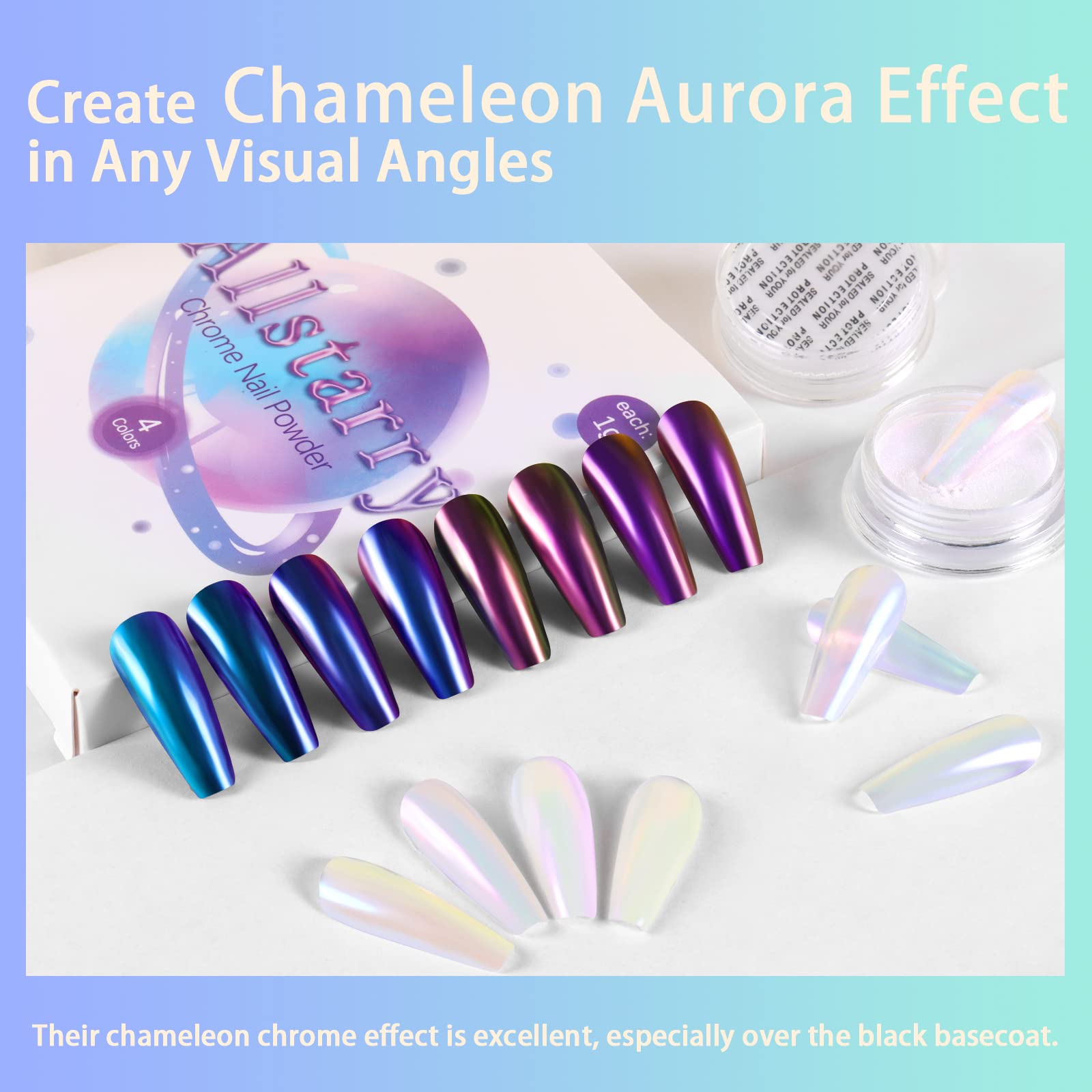 Allstarry White Chrome Nail Powder, 4 Pcs Color-Shift Chameleon Mica Powder Pearlescent Pearl Pigment Aurora Chrome Effect Glitt