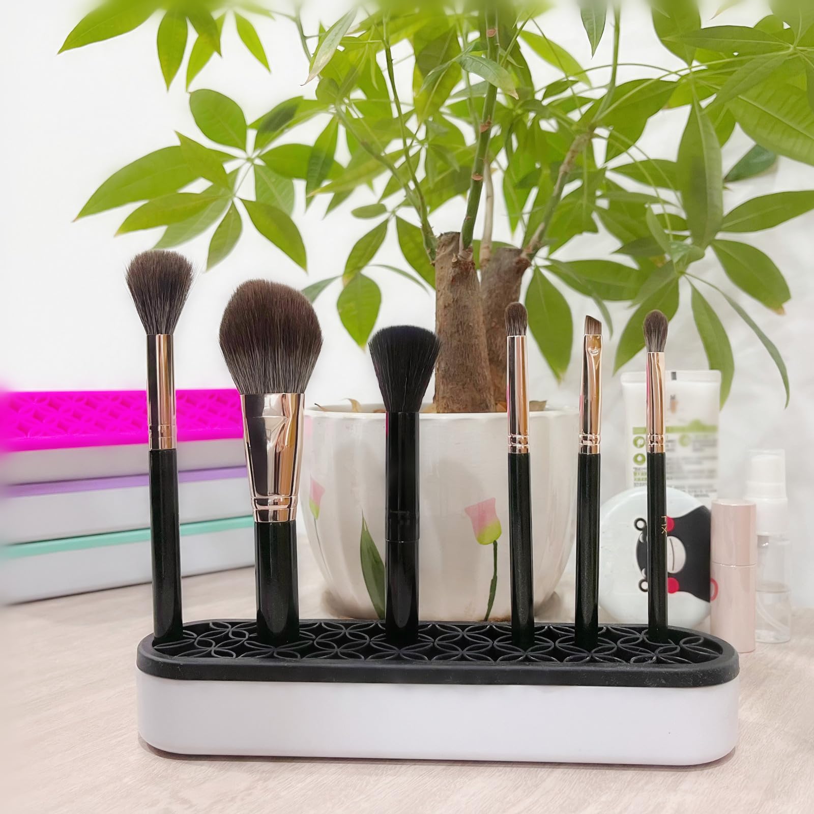 Tang Song 2 Pcs Silicone Make Up Brush Holder Cosmetic Storage Box Desktop Organizers (Black)
