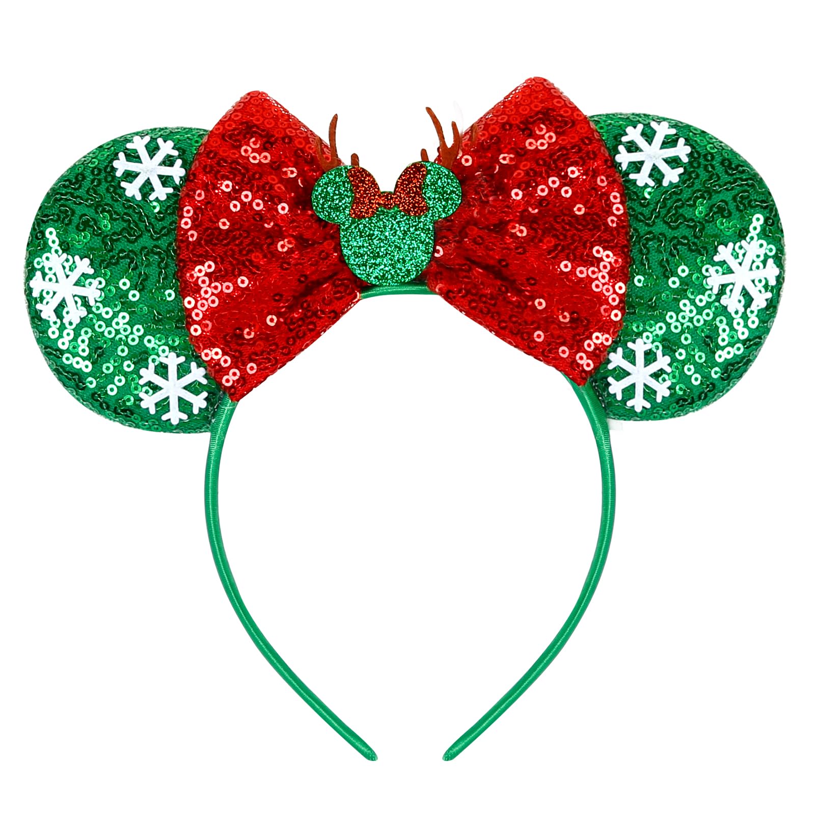 WOVOWOVO Christmas Mouse Ears Headbands for Women Girls, Bow Decoration Hairbands with Green Sequin and White Snowflake Headband
