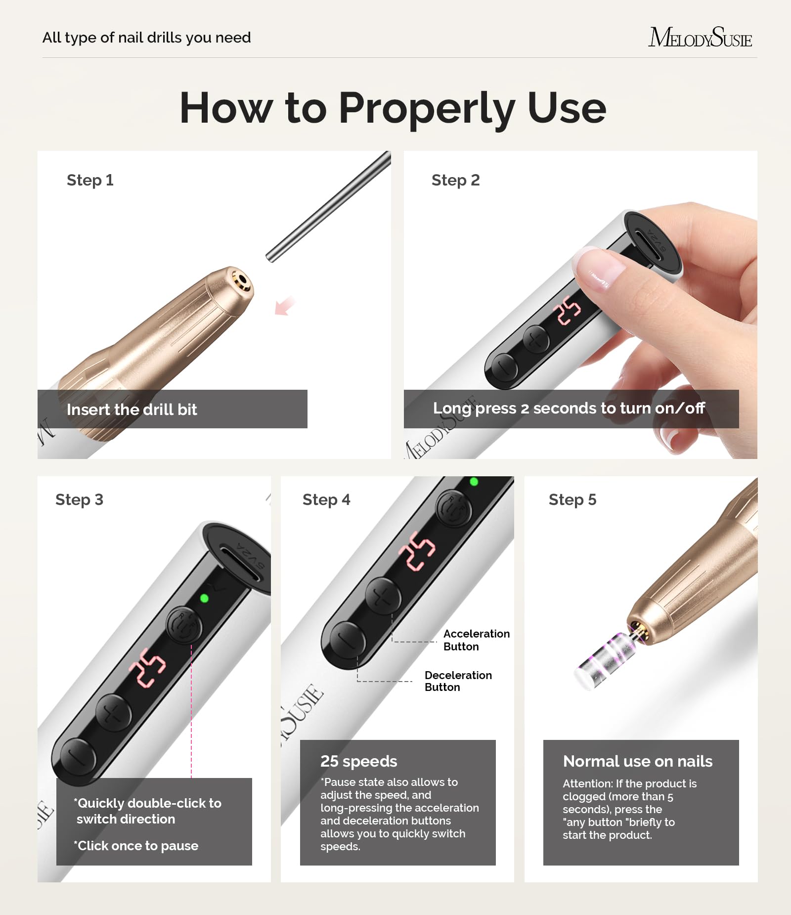 Melodysusie Rechargeable Cordless Electric Nail Drill,Pc180E 25000Rpm Portable Nail Efile For Acrylic Gel Dip Powder Nails, 25 S