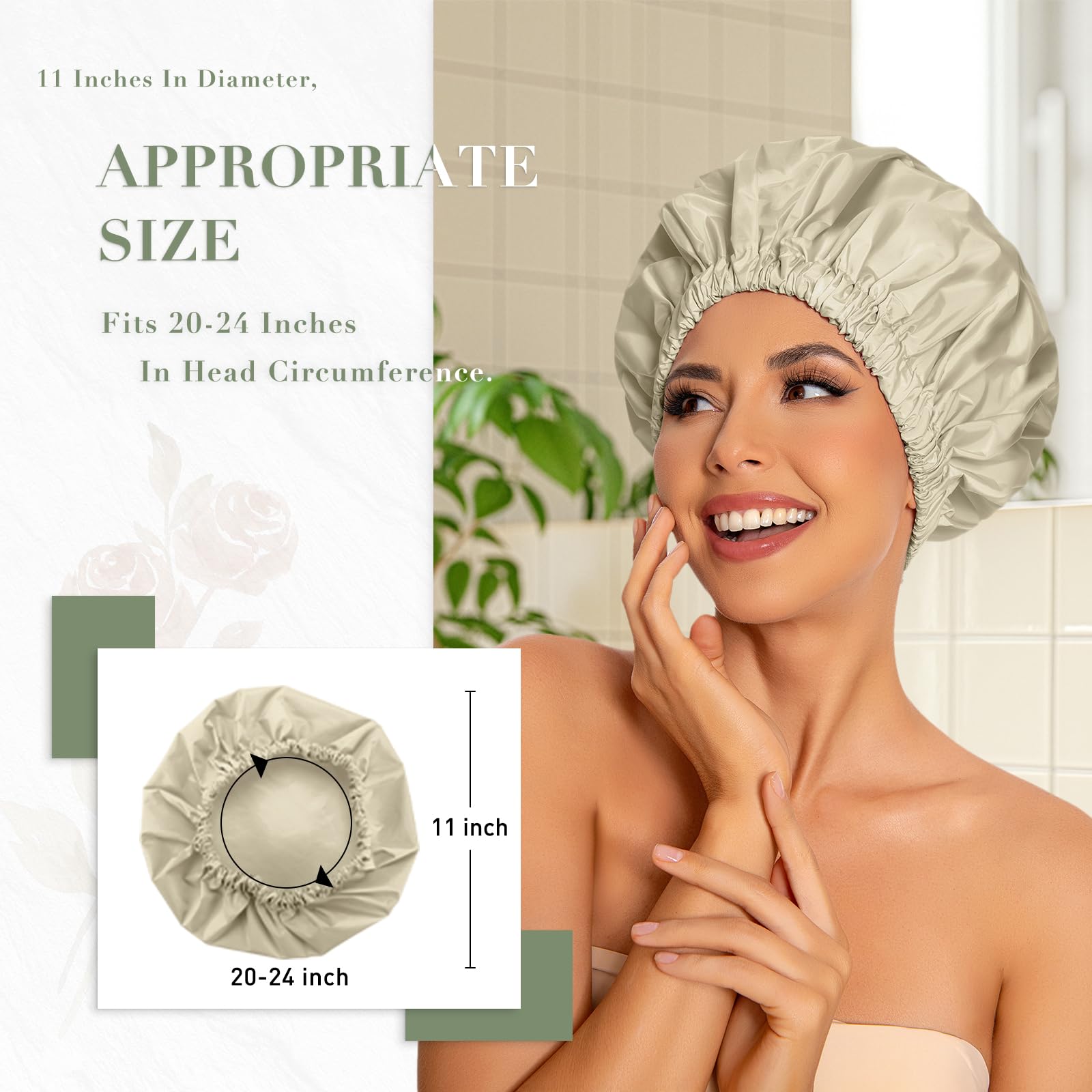 Reusable Shower Cap For Women, Large Waterproof Shower Bonnet Washable Elastic Band Bath Hair Hat For Long Hair, Braids(Gray Yel