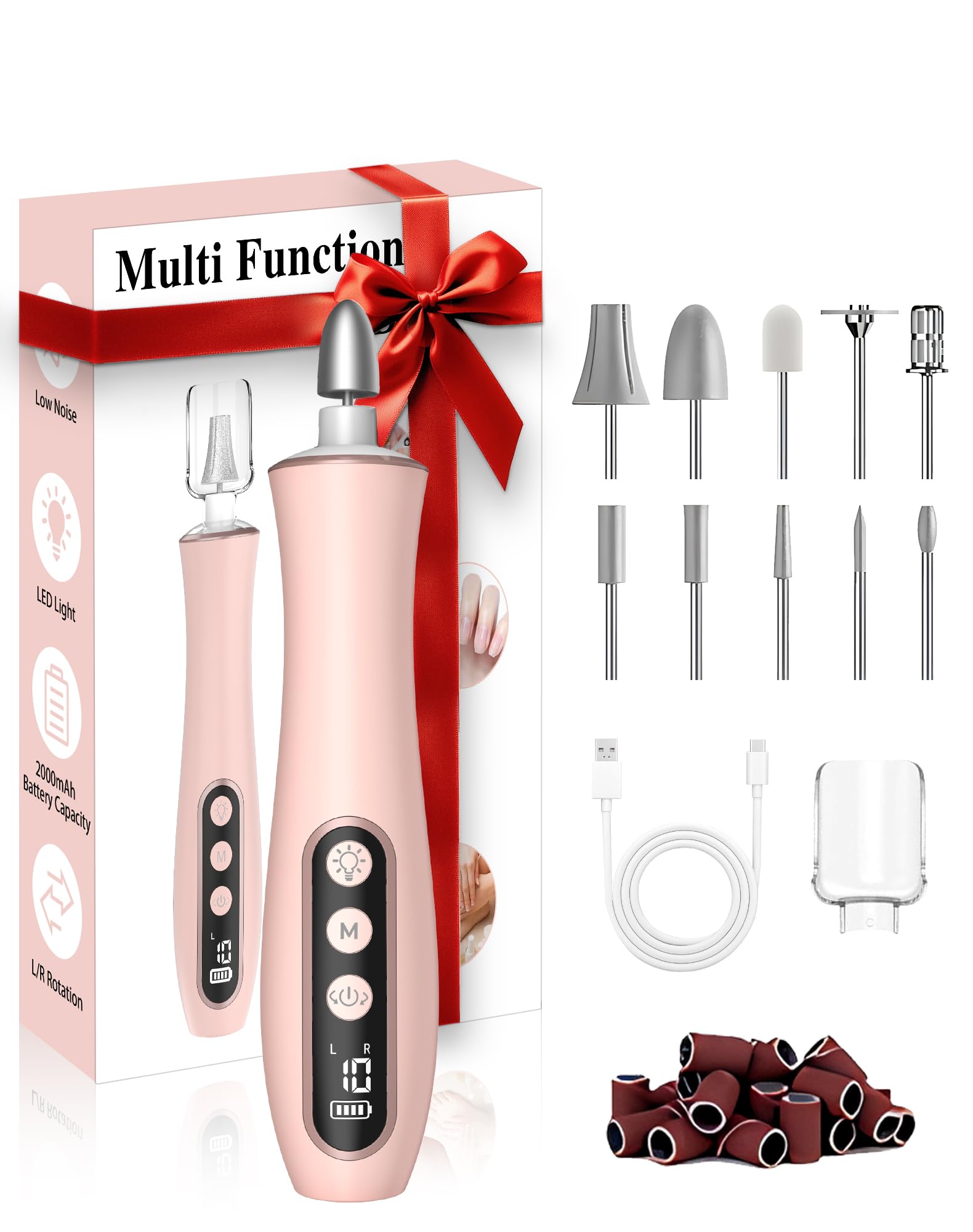 Cordless Nail Drill File 10 Speeds Electric Portable Manicure Pedicure Kit Rechargeable Nail Care Tool 360 LED Light LCD Display