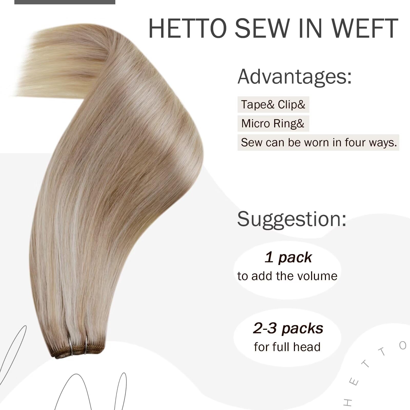 Hetto Weft Hair Extensions Human Hair Blonde Hair Weft Extensions #18/613 Ash Blonde Highlight Sew In Weft Hair Extensions Real