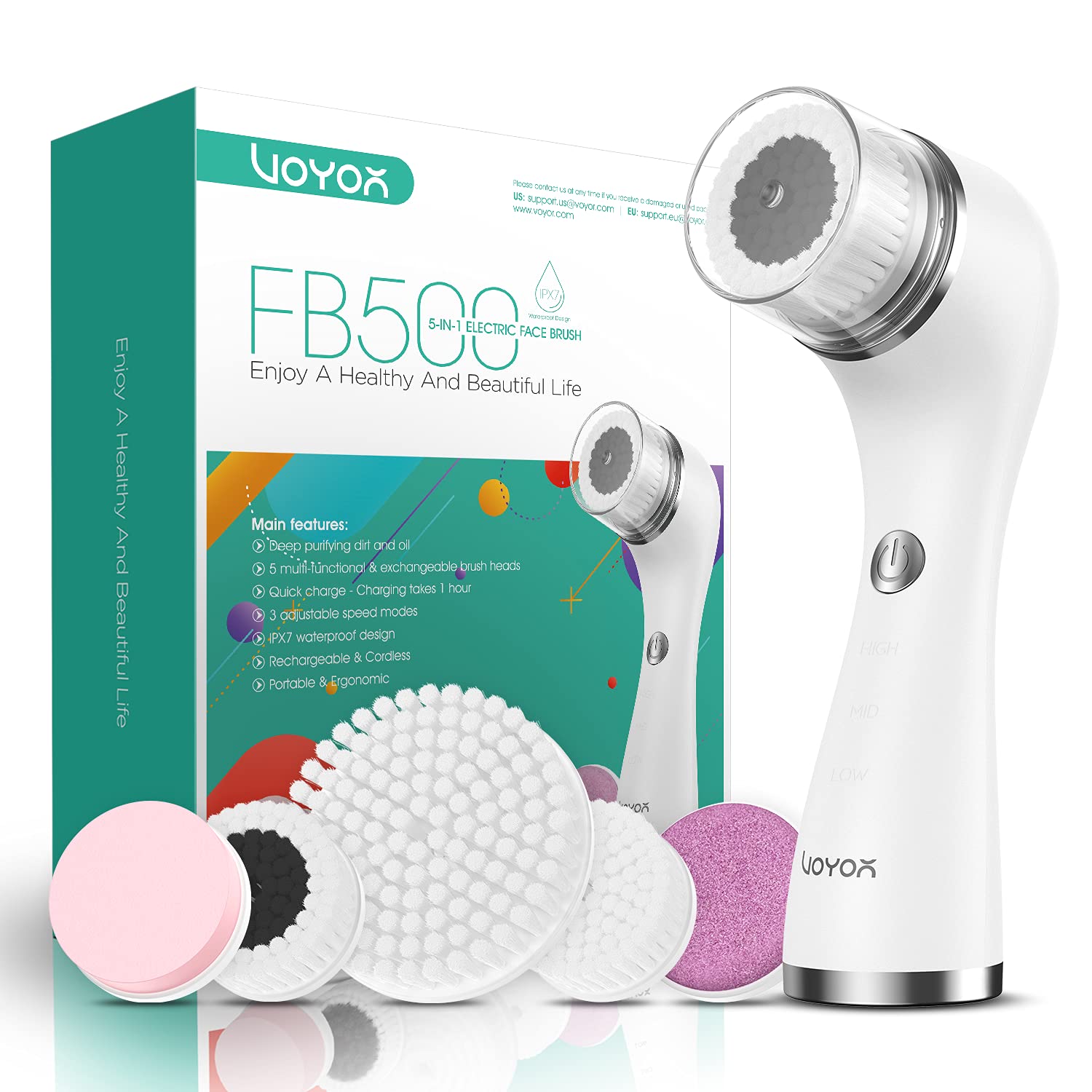 Voyor Facial Cleansing Brush Rechargeable, Spin Face Brush Waterproof 5-In-1 Body Brush Set For Deep Skin Cleansing, Gentle Exfo