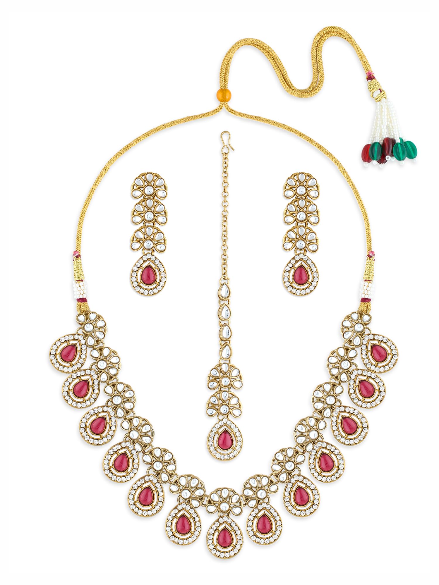 Zaveri Pearls Pink Stones Antique Plated Traditional Kundan Necklace Earring & Maangtikka Set For WomenZpfk21298