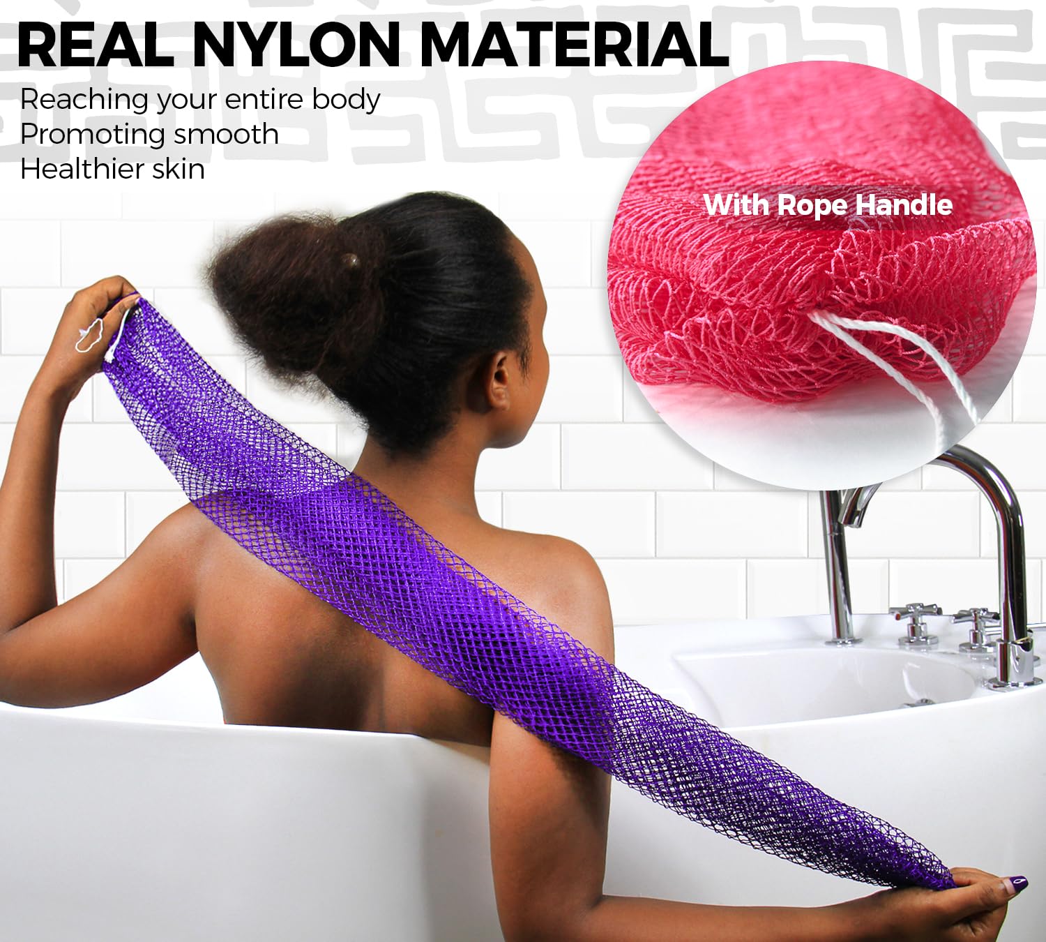 RelaxScene African Net Sponge - 2 Pack Exfoliating Body Scrubber, Nylon, Purple & Pink, Bathing Accessory with Travel Bag