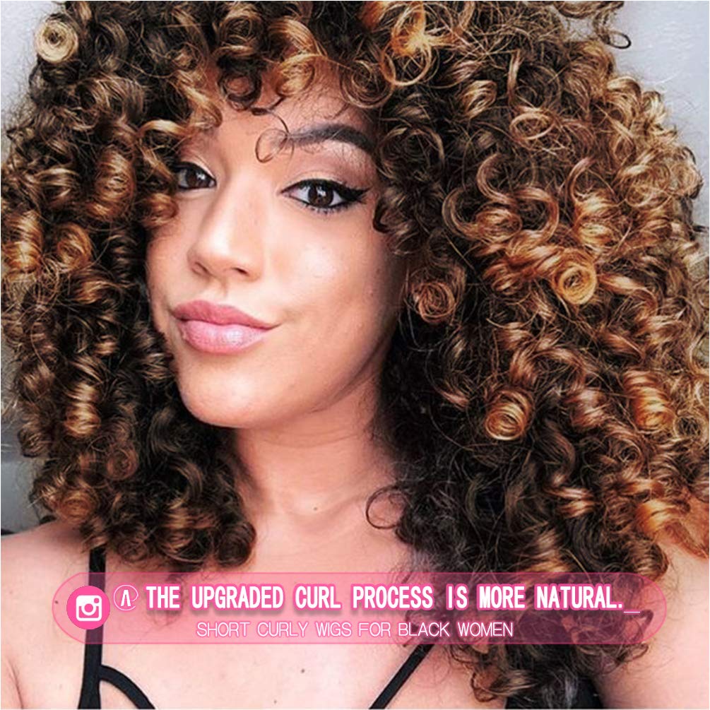 Rosmile Curly Wigs For Black Women - Ombre Brown Synthetic African American Full Kinky Curly Afro Hair Wig With Bangs