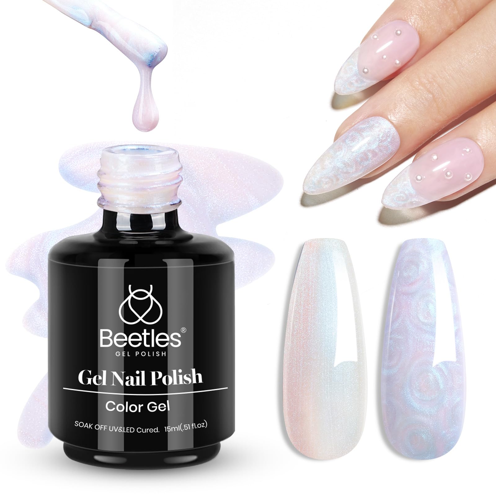 Beetles Pearl Gel Nail Polish, 15ML Pearl White Gel Polish Shimmer Mermaid Iridescent Pearlescent Nail Polish Soak Off Uv LED Na