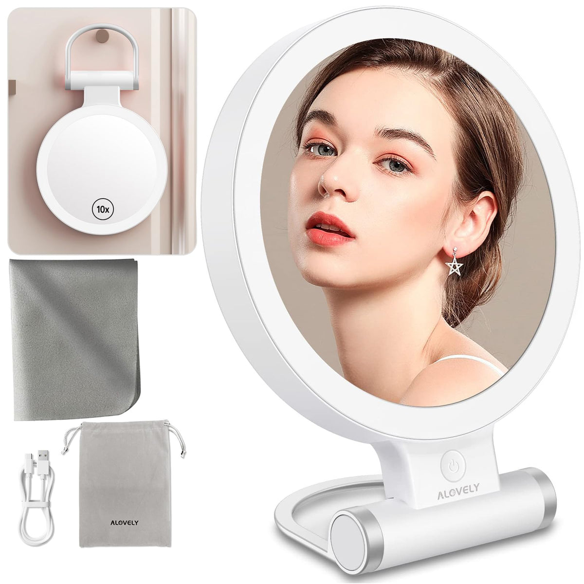 Alovely Travel Magnifying Mirror with Light, Lighted Makeup Mirror with 1X/10X Magnification Portable LED Vanity Mirror with 3 C