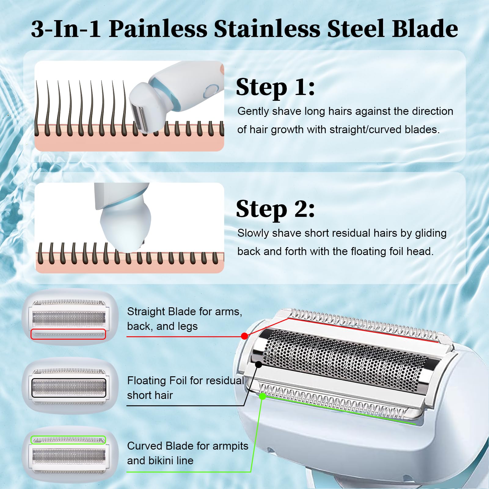 Electric Shaver Razors for Women 2-IN-1 Electric Razor for Womens Legs Underarm Face Pubic Hairs,Wet Dry Use Rechargeable Bikini