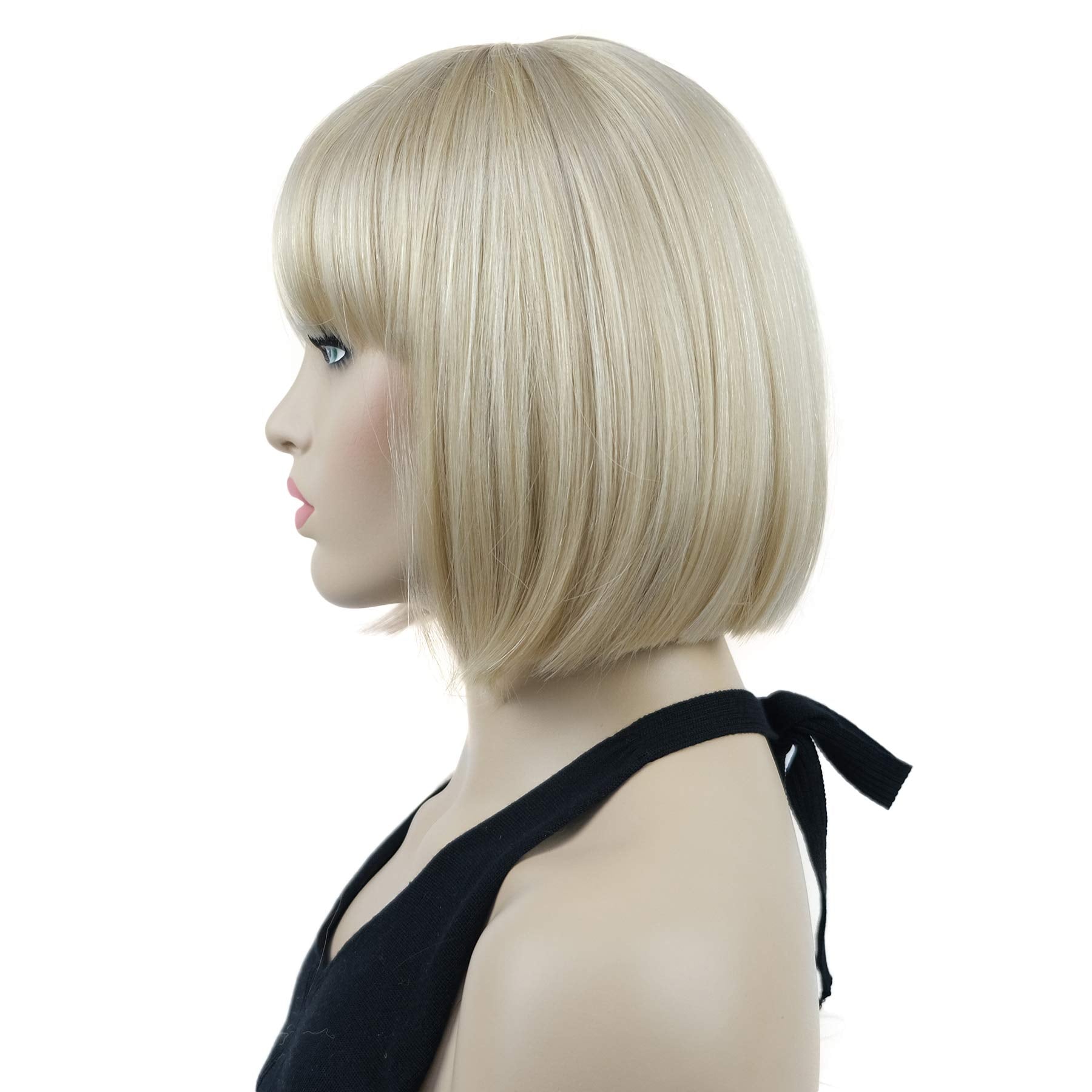 Lydell 8'' Straight Short Bob Hair Flat Bangs Cute Central Dot Skin Top Heat Resistant Synthetic Wigs (26 Bright Golden Blonde)