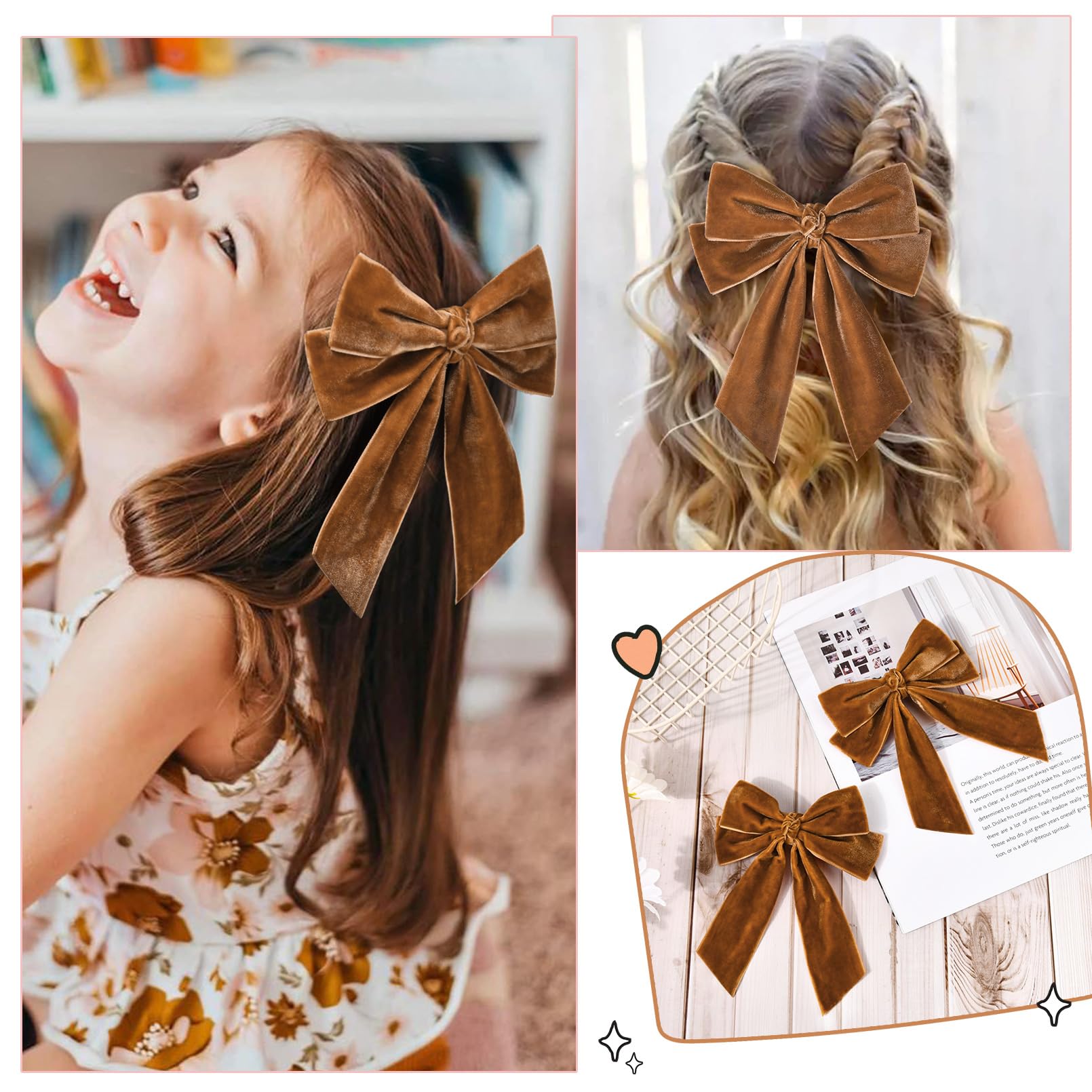 2Pcs Velvet Hair Bow Brown Bow Hair Ribbon Clips For Women Girls Fall Alligator Hair Clips Hair Accessories Toddlers Kids Teens