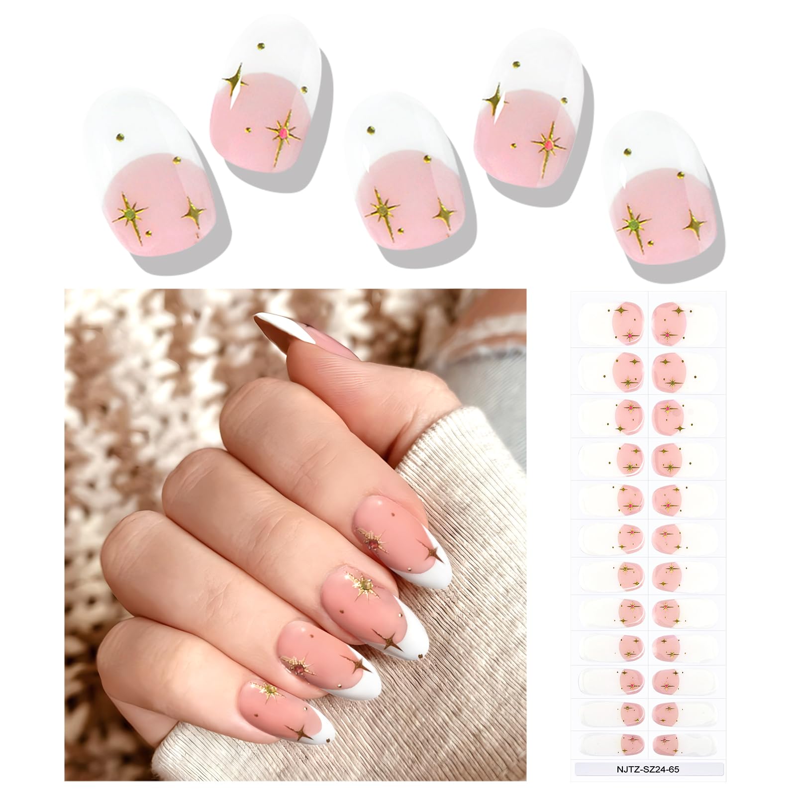 Ebanku 24Pcs Semi-Cured Gel Nail Strips, French Star Nail Sticker, Lasting Waterproof Full Nail Wraps Stickers For Salon Manicur