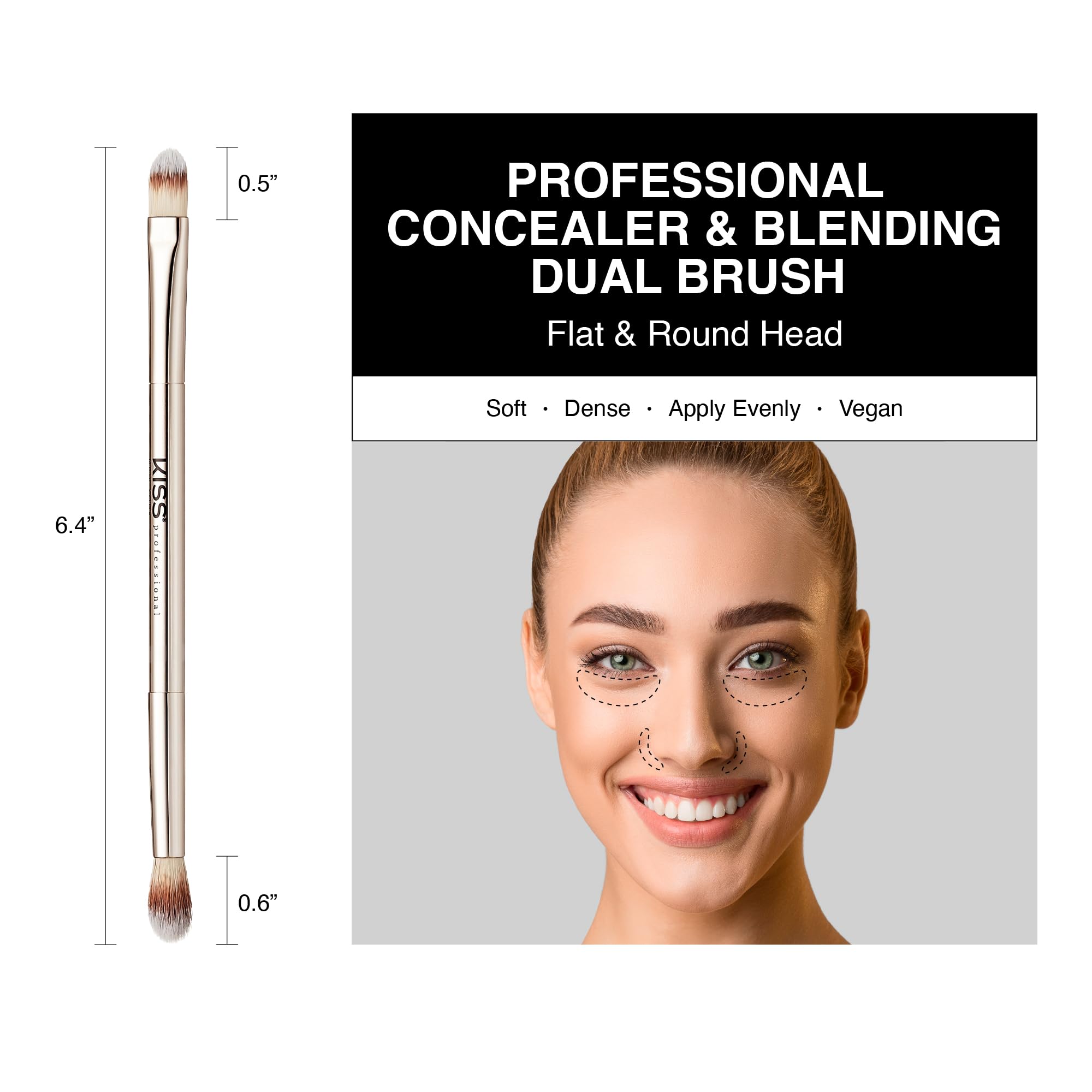 Kiss New York Professional Dual Ended Concealer & Blending Brush, Flat Concealer Brush For Imperfection & Even Coverage, Small A