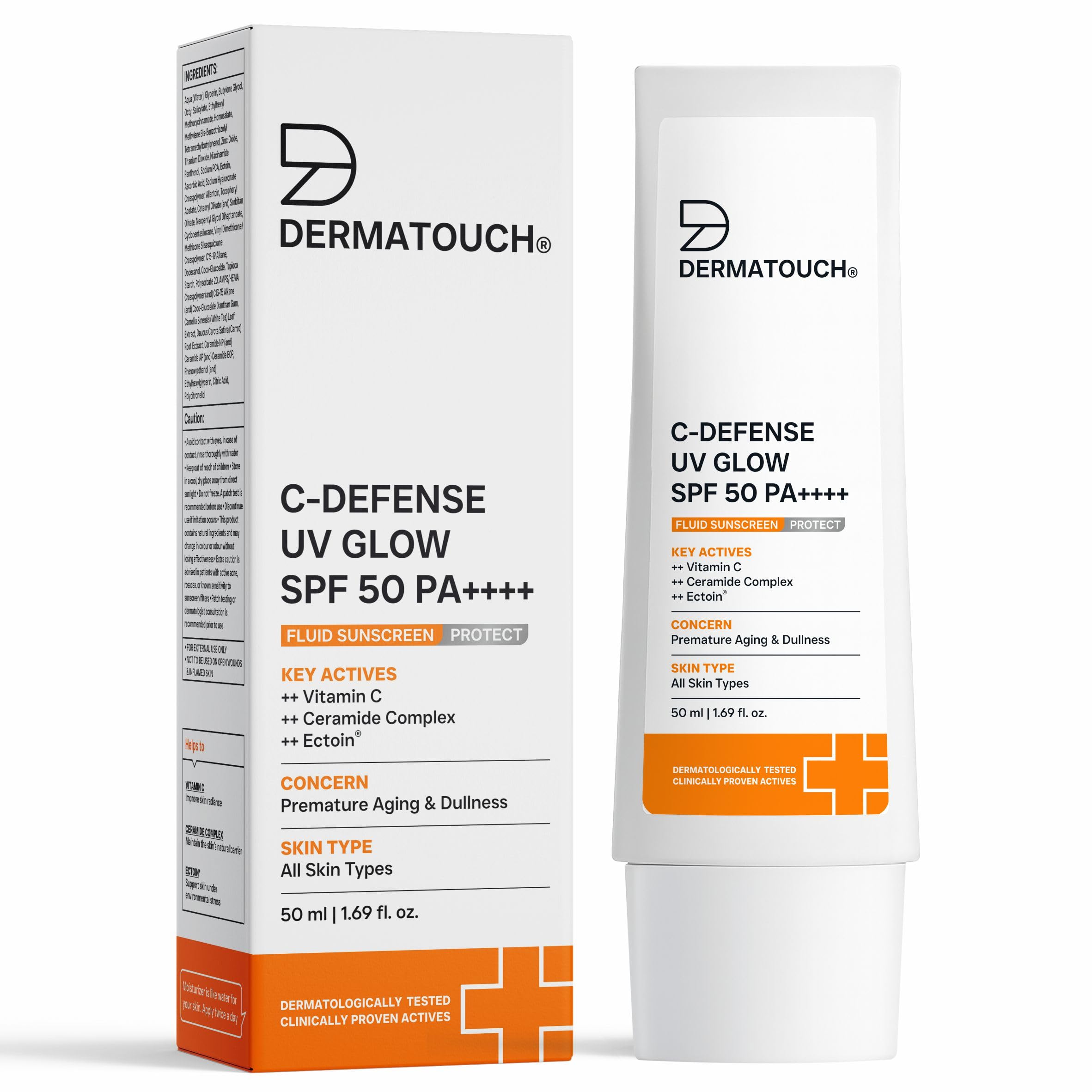 Dermatouch CDefense Spf 50 Pa++++ Fluid Sunscreen  Lightweight Daily Sunscreen For Premature Aging & Sunburn | Suitable For Al