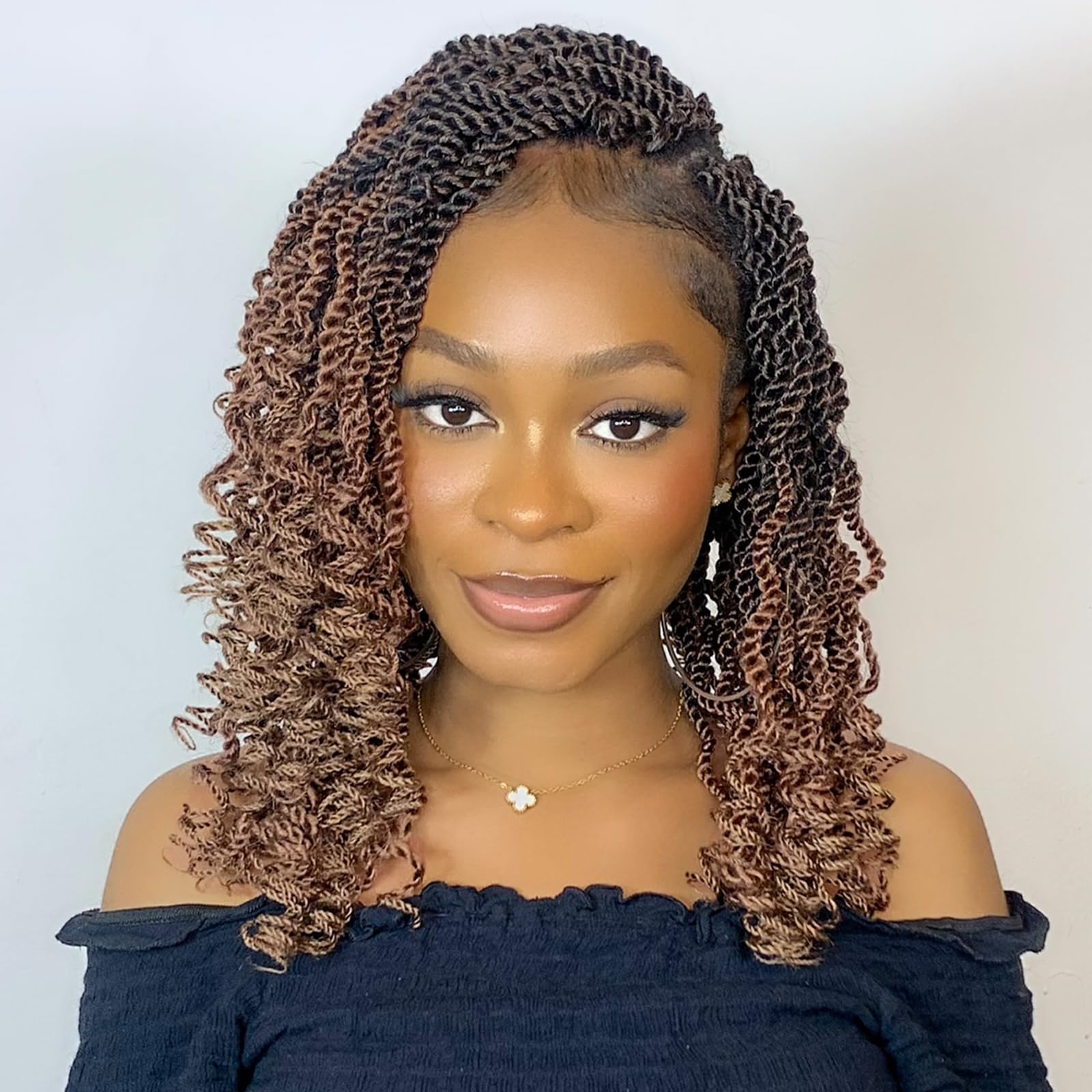 Leeven 14 Inch Senegalese Twist Crochet Hair with Curly Ends 2 Packs Ombre Blonde Brown Pre Looped Wavy Crochet Braids Small Han