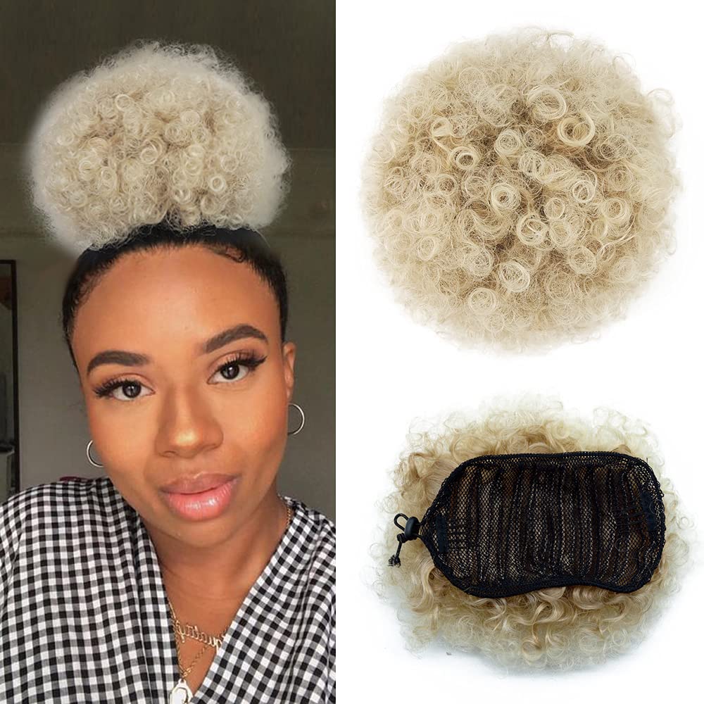 Yinmei Baibian Brown Blonde Afro Puff Drawstring Ponytail Kinky Curly High Puff Ponytail Bun Hair Piece Short Clip in on Updo Ha