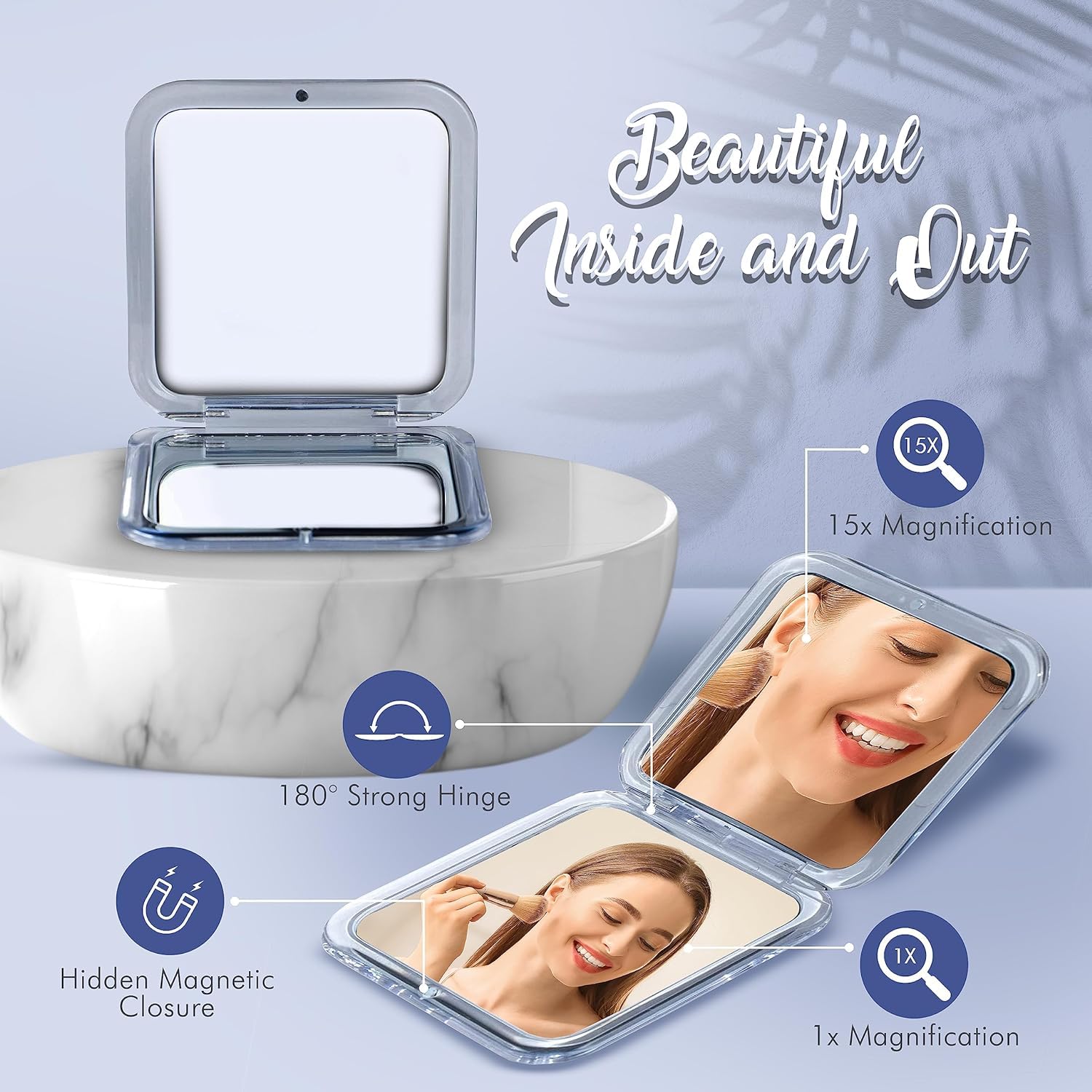 Mirrorvana Small Compact 15X Magnifying Mirror For Travel - Handheld, Foldable & Lightweight - Mini Pocket-Sized Magnified Mirro