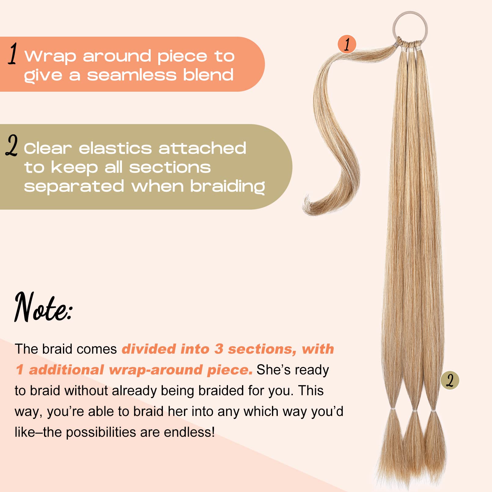 Seikea 2Pcs Long Braid Ponytail Extension With Hair Tie Long Straight Wrap Around Hair Extensions Ponytail Natural Soft Syntheti