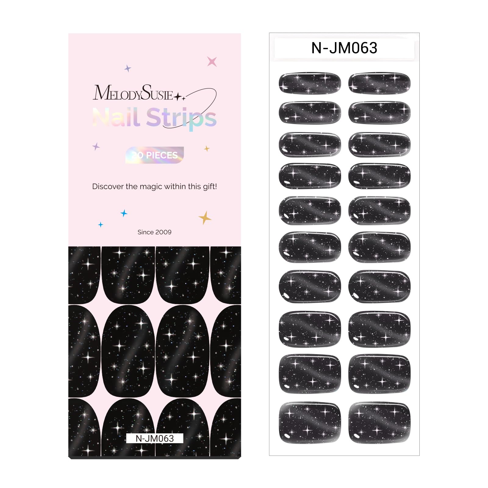 MelodySusie Semi Cured Gel Nail Strips (Black Stars)- Works with Nail lamp, Salon-Quality, Long Lasting, Easy to Apply & Remove 