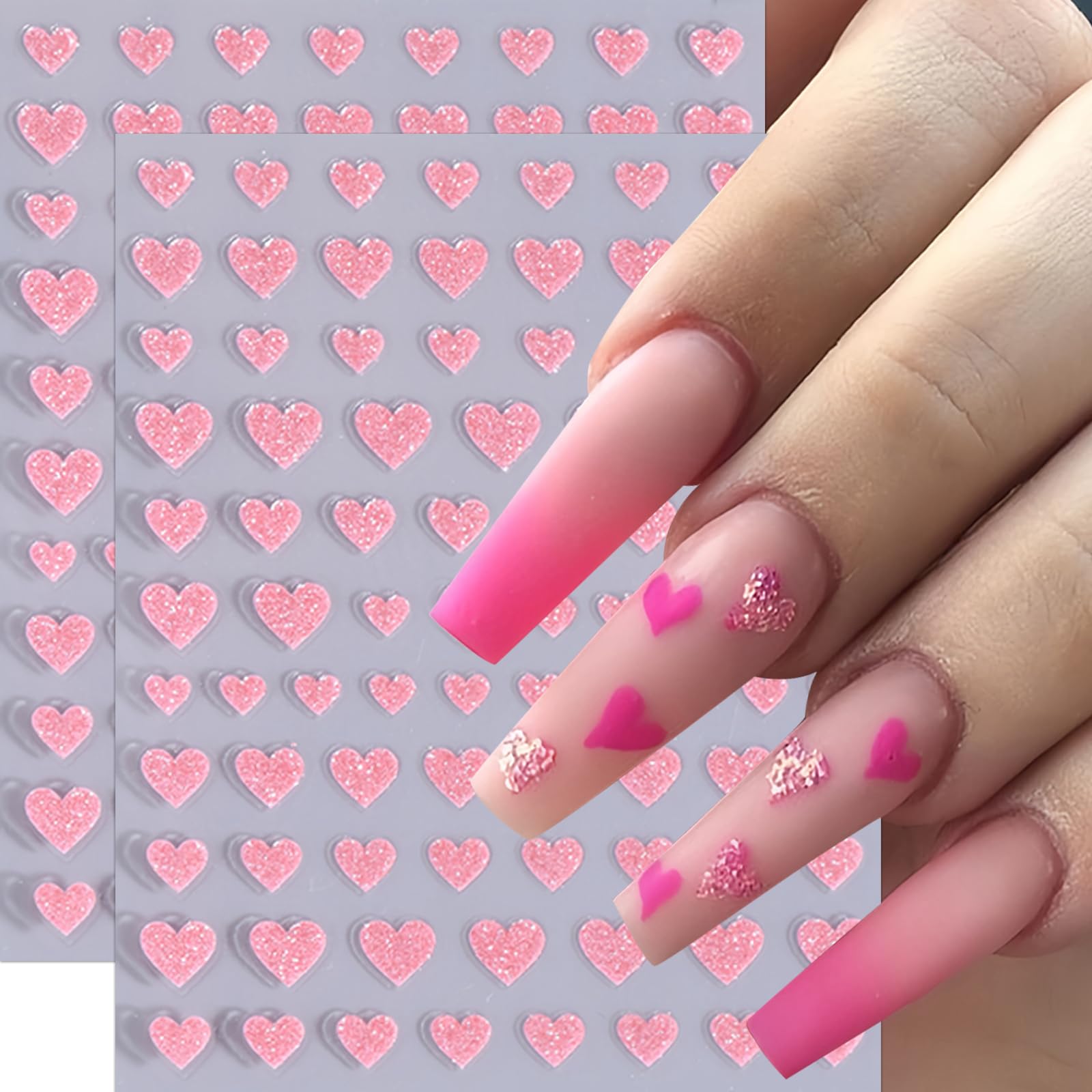 6Sheets Heart Nail Stickers Decals Shiny Love Nail Decals 3D Self Adhesive Colorful Glitter Hearts Nail Supplies Valentines Day