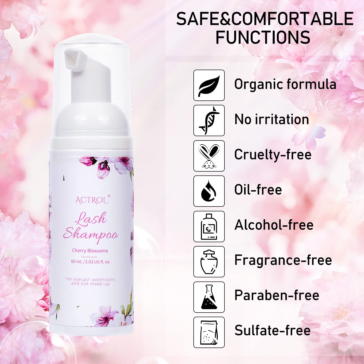 ACTROL Eyelash Extension Cleanser 60ML Natural Lash Extension Shampoo Cherry Blossom Professional Eyelid Foaming Cleanser Parabe