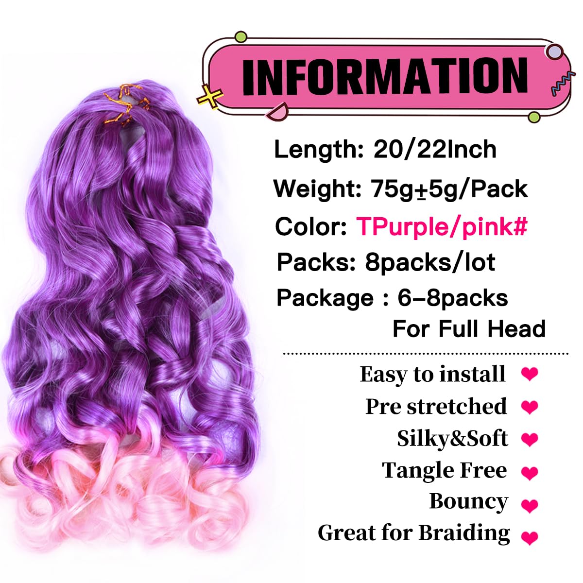 Amir Hair 8 Packs French Curly Braiding Hair 20 Inch Loose Wave Braiding Hair Pre Stretched Synthetic Hair Extensions