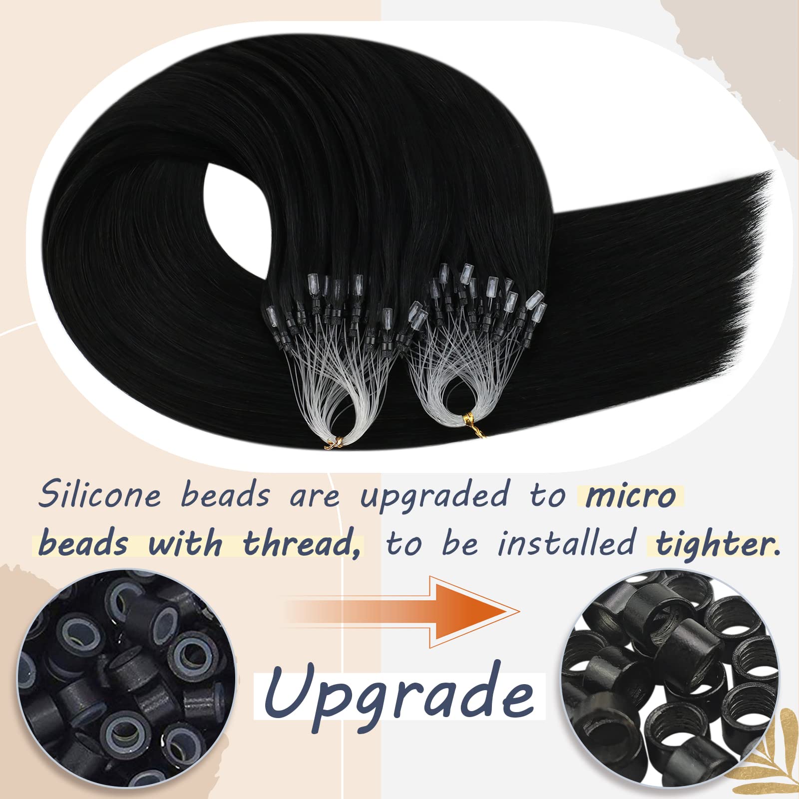 Ugeat 20 Inch Micro Loop Hair Extensions Remy Straight Hair Microlink Hair Extensions Human Hair Color #1 Jet Black Micro Beads