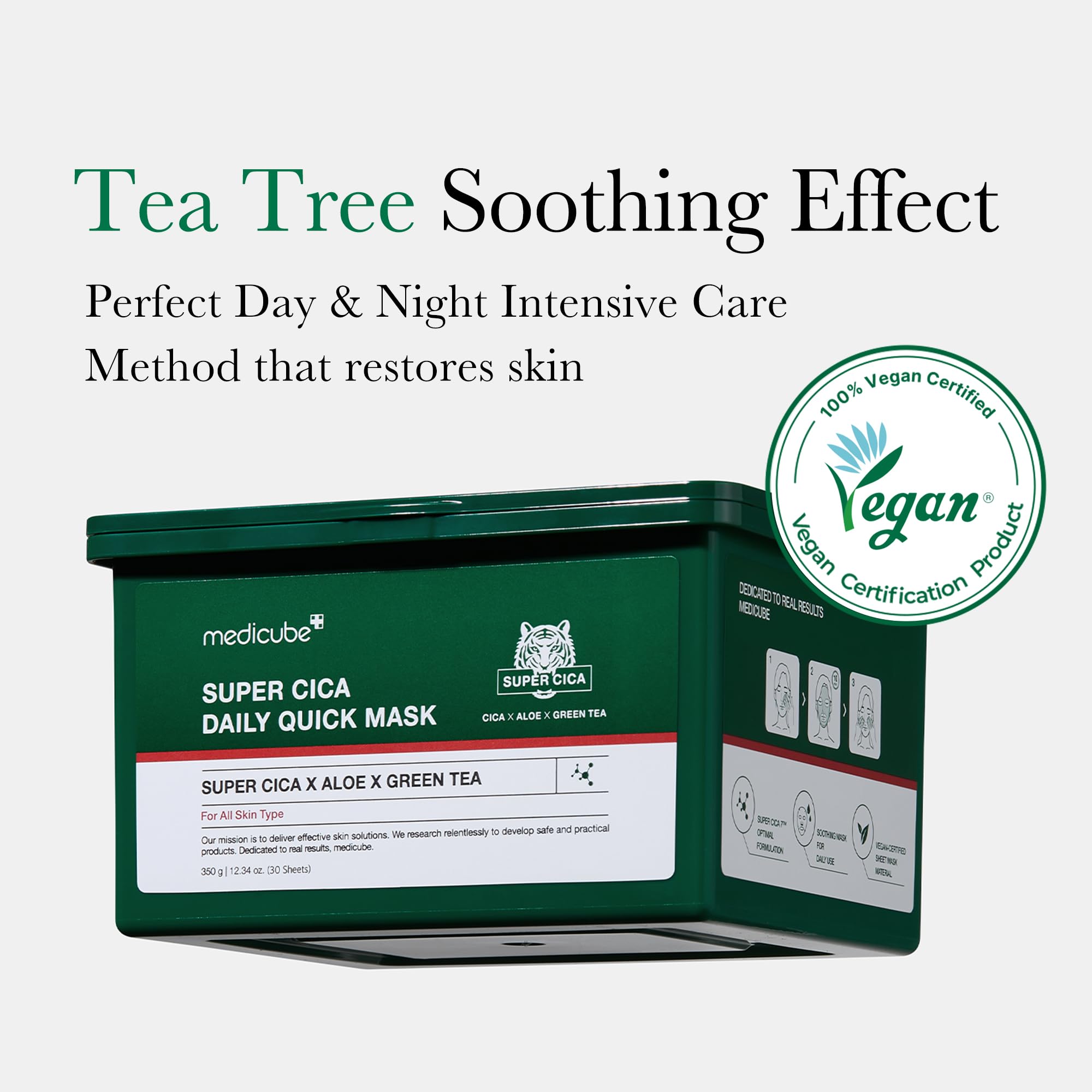 Medicube Super Cica Daily Quick Facial Masks (30 Sheets) - 60-Second Soothing & Hydrating Facial Mask With 88% Cica, Instant Coo