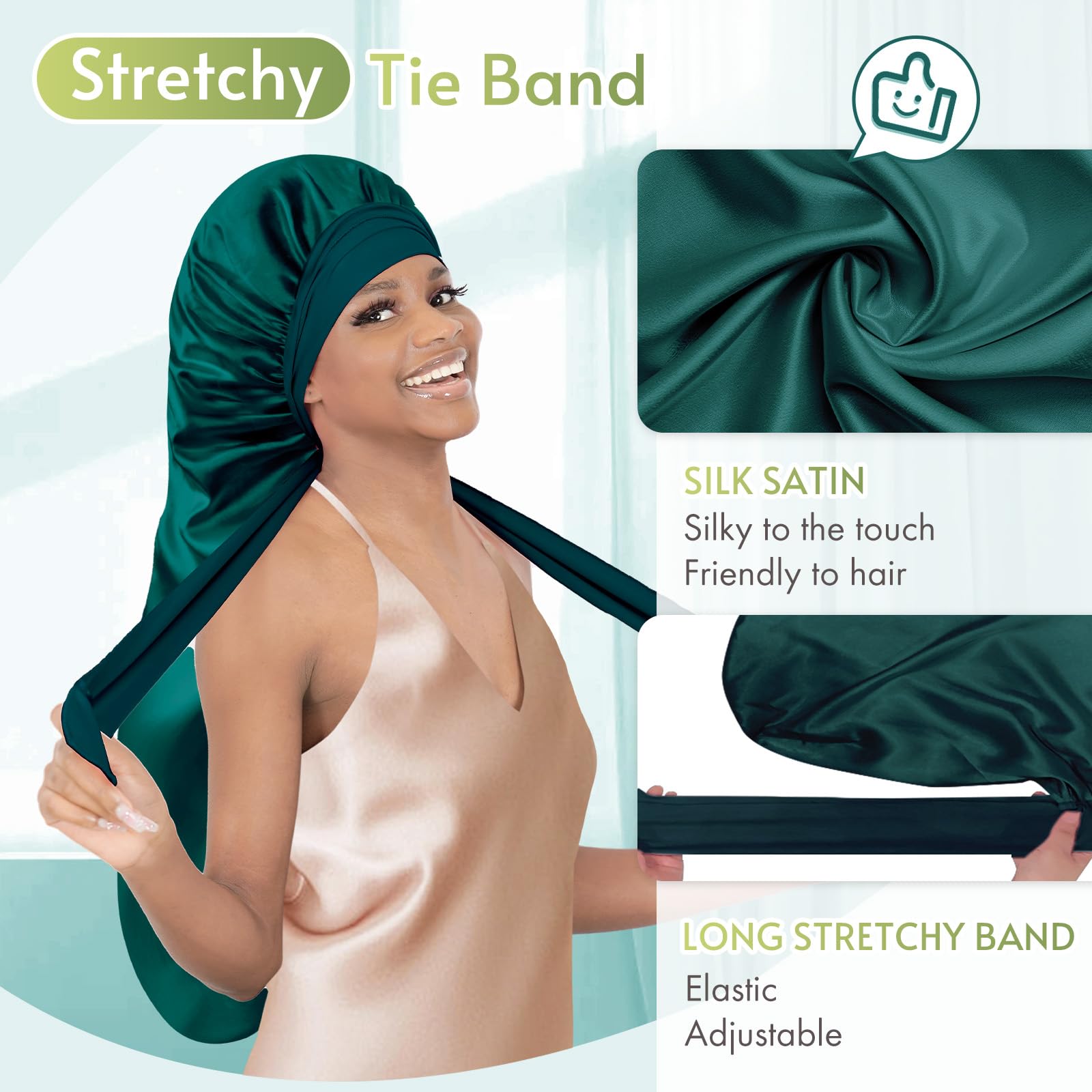 BONNET QUEEN Bonnet for Braids Silk Bonnet Extra Long Satin Bonnet for Sleeping Hair Bonnet for Locs with Tie Band Darkish Green