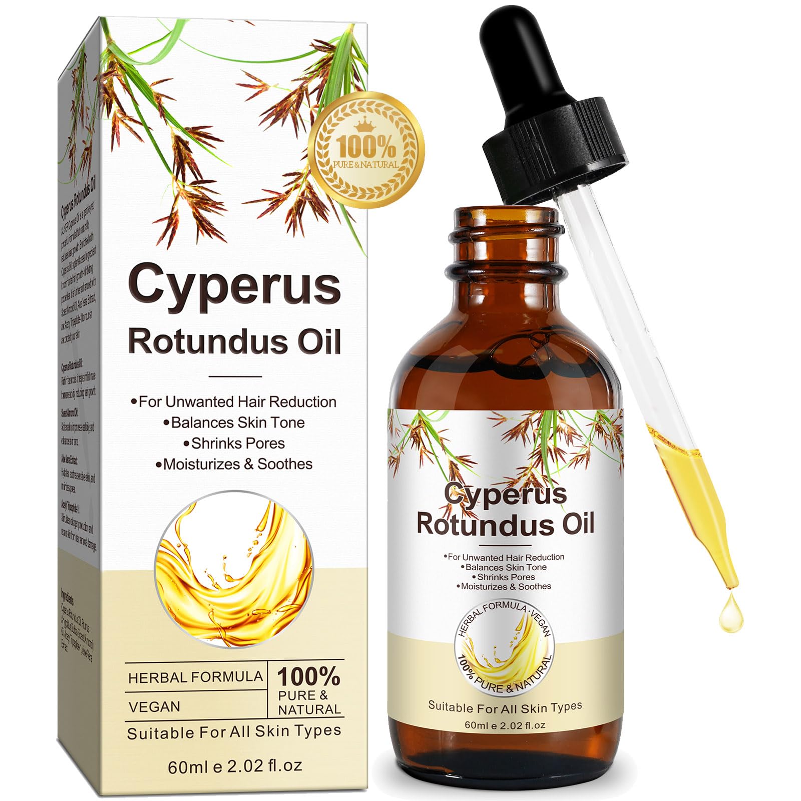 Cyperus Rotundus Oil, 100% Pure Facial Hair Removal Oil, Hair Remover for Face and Body, After Shave Oil for Women, Shrink Pores
