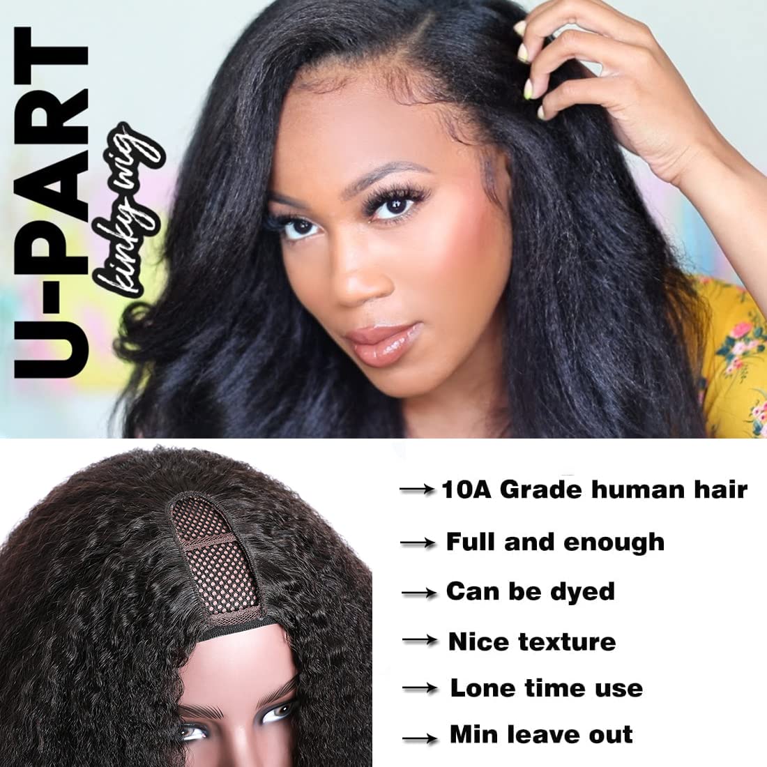 Nadula Kinky Straight U Part Wigs Human Hair For Women,Brazilian Glueless Upart Yaki Straight No Sew In No Glue Beginner Friendl
