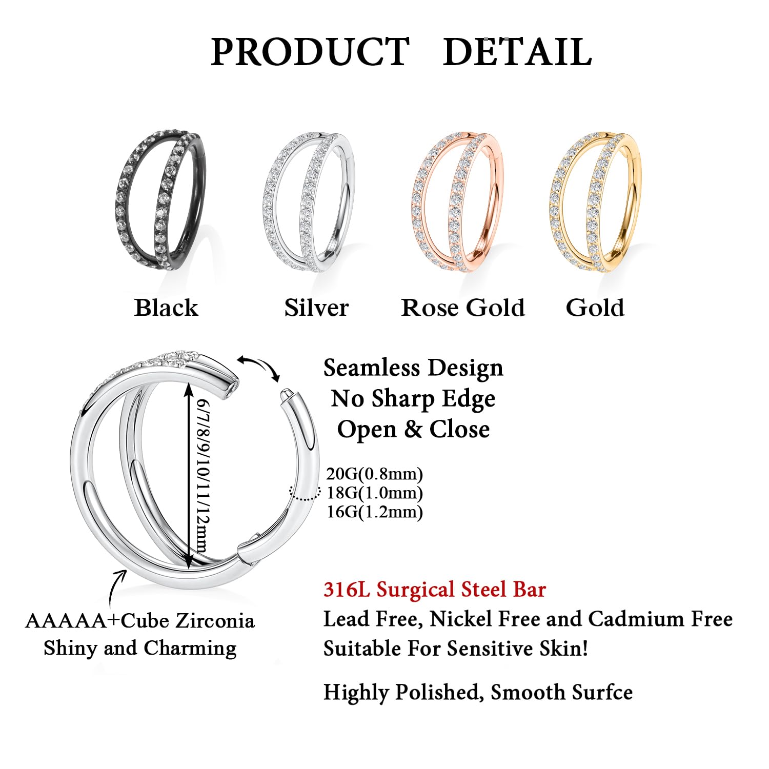 FUNLMO Conch Piercing Jewelry Double Hoop Nose Ring Septum Ring Helix Daith Rook Earring Tragus Jewelry Surgical Steel Diamond C