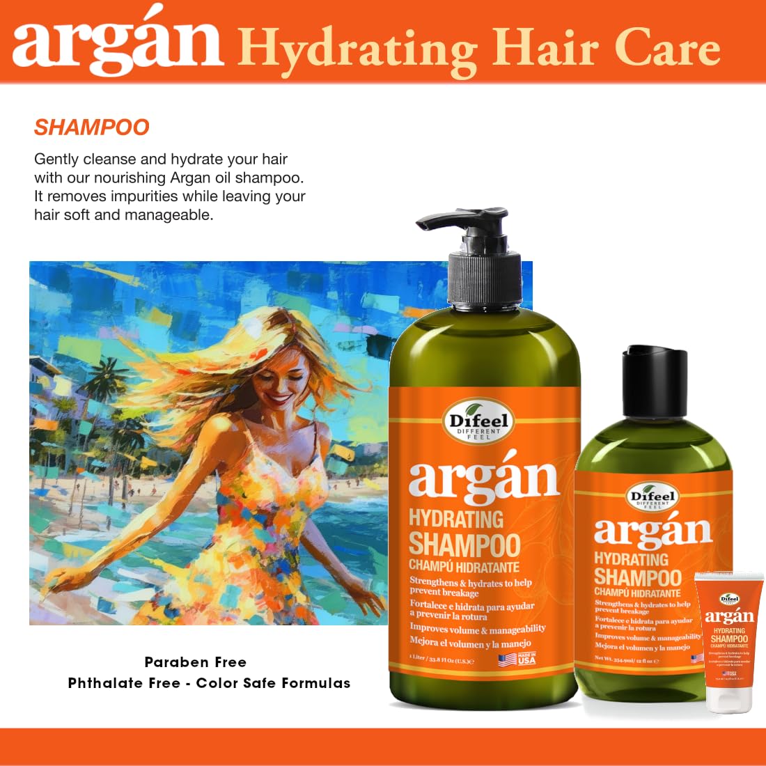Difeel Argan Hydrating Shampoo 12 oz. - Argan Oil Shampoo, Natural Paraben Free Shampoo for Hair