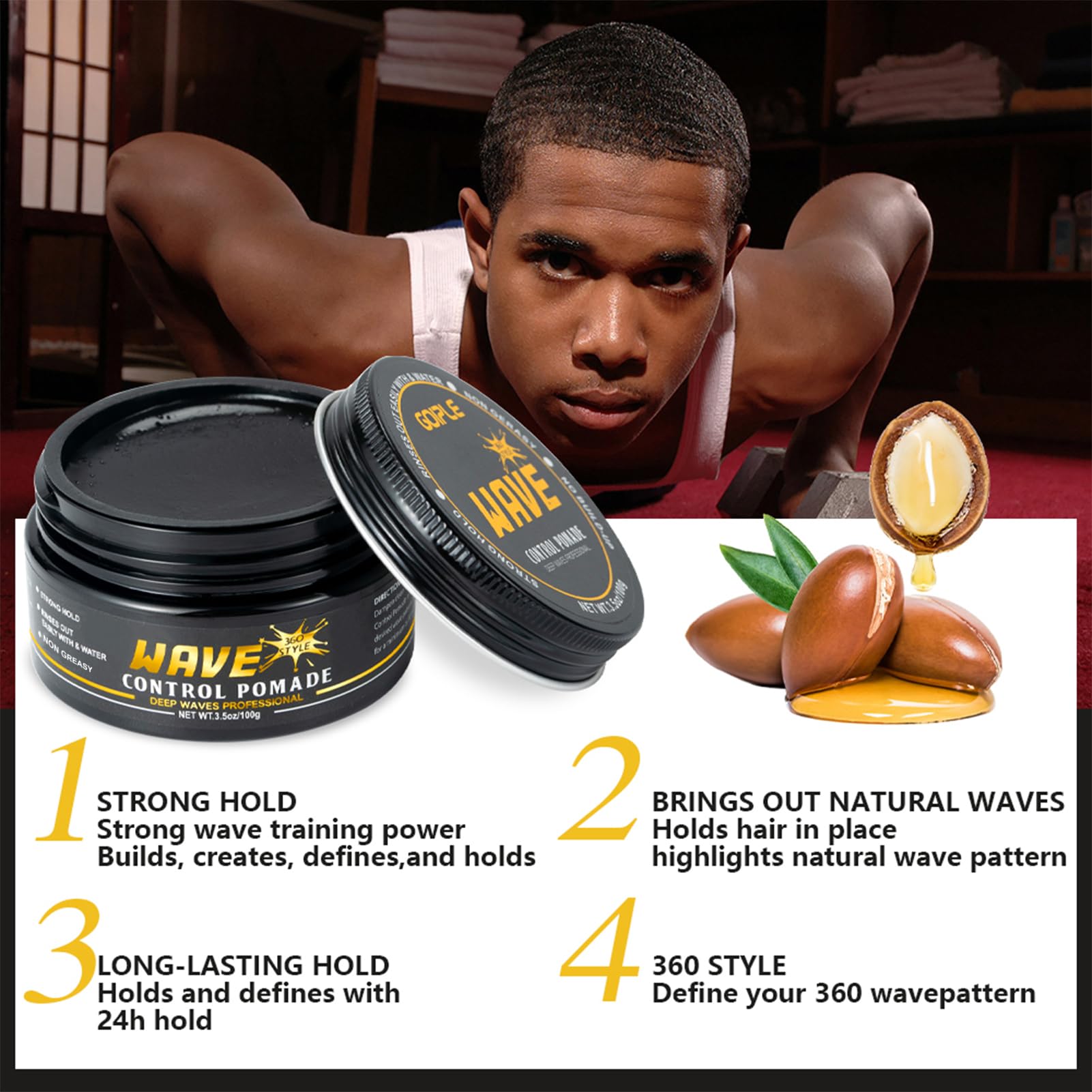 Wave Pomade For Men Strong Hold Easy Wash Hair Cream Grease, Promotes Layered Waves, Moisture, Shine, Brush And Durag Cap Set