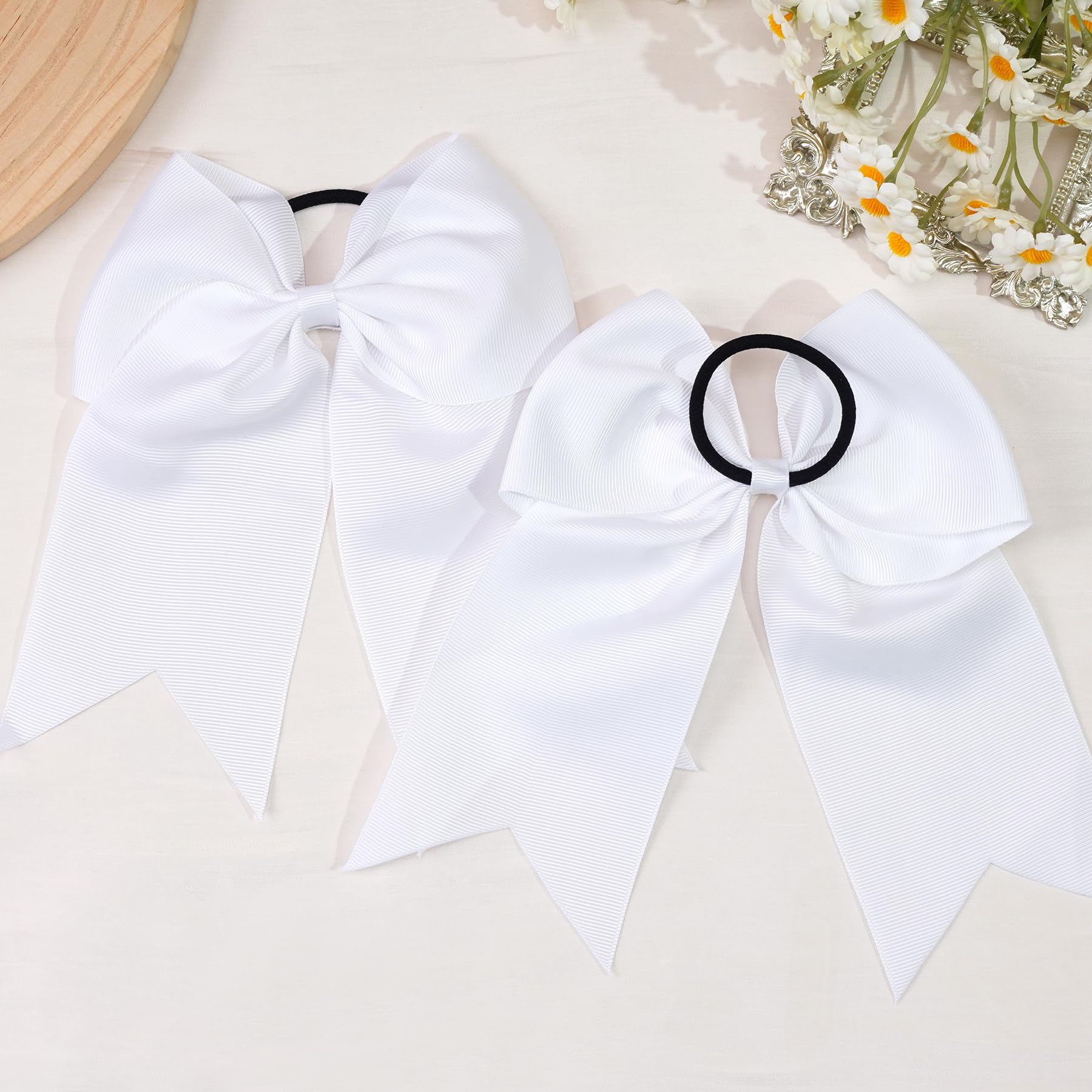 JOYOYO 6Pcs 8 Large Cheer Bows for Girls Ponytail Holder Black Grosgrain Ribbon Cheerleading Bows Elastic Hair Tie Bands for Bab