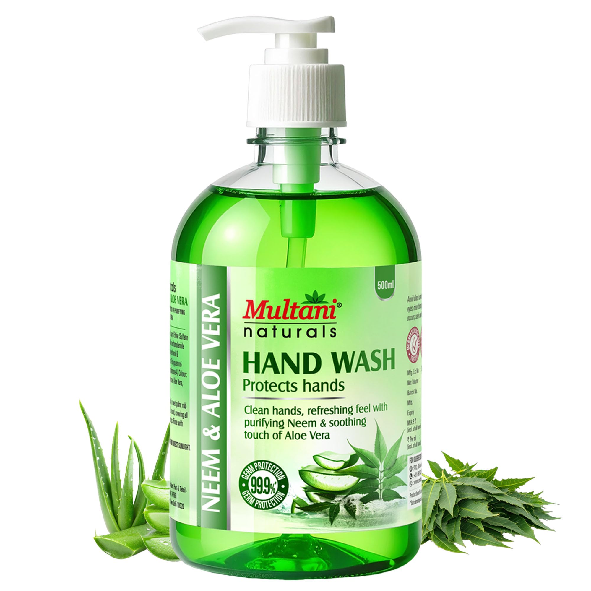 Multani Natural Neem Aloe Vera Hand Wash (500 Ml) | Gentle Hand Cleanser With Natural Ingredients | 99.9% Germ Protection Liquid