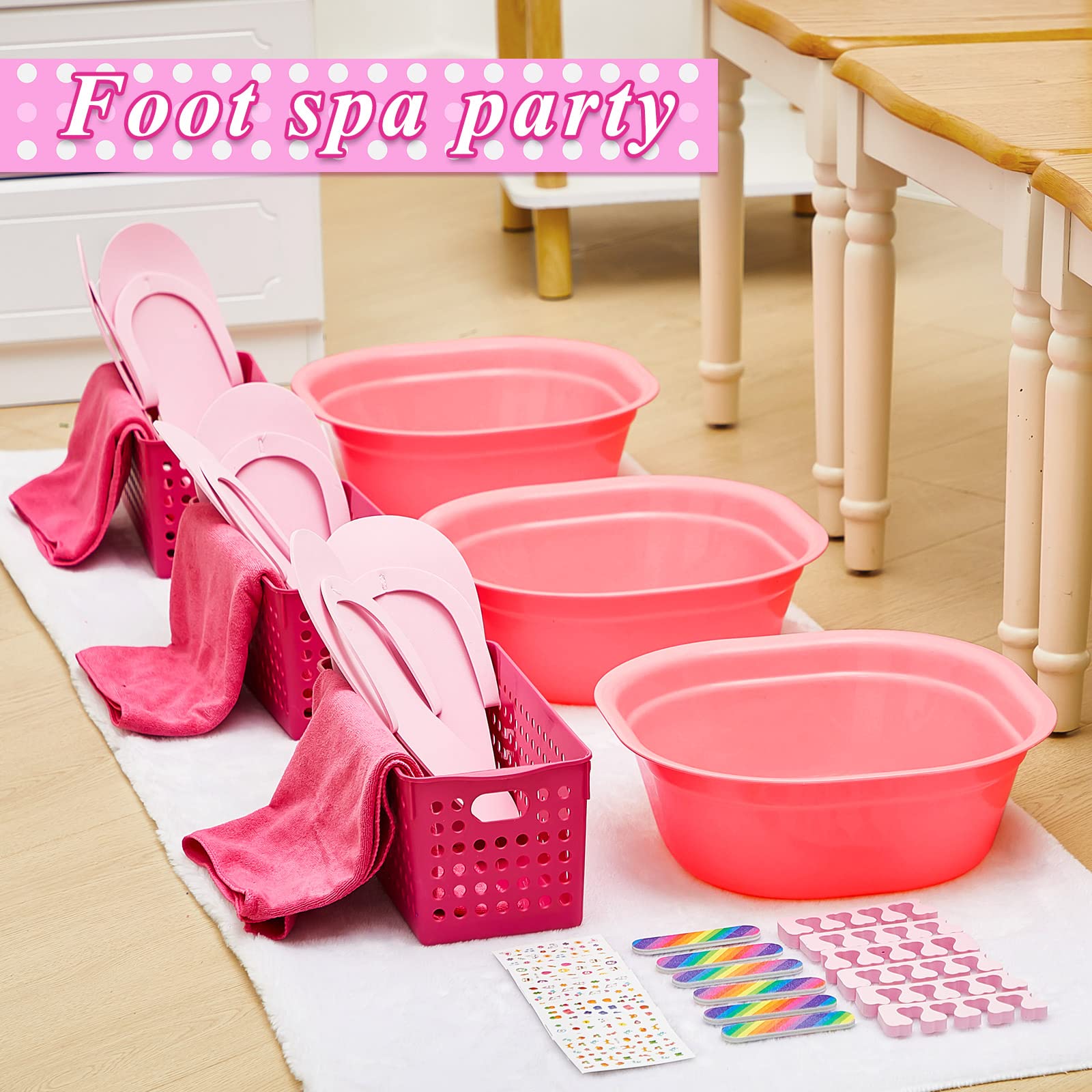 Mumufy 6 Sets Kids Foot Spa Kit For Girl Spa Party With Pink Washbasin Salon Towels Nail Kit For Diy Manicure And Pedicure Set W