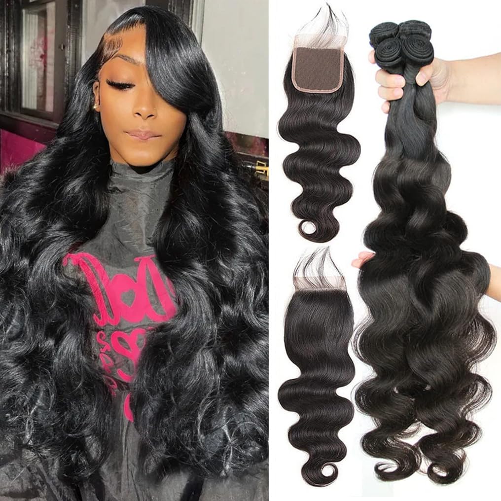Body Wave Bundles and Closure (22 24 26 28+20,Free Part) Body Wave Bundles Human Hair with Closure 10A Brazilian Virgin Human Ha