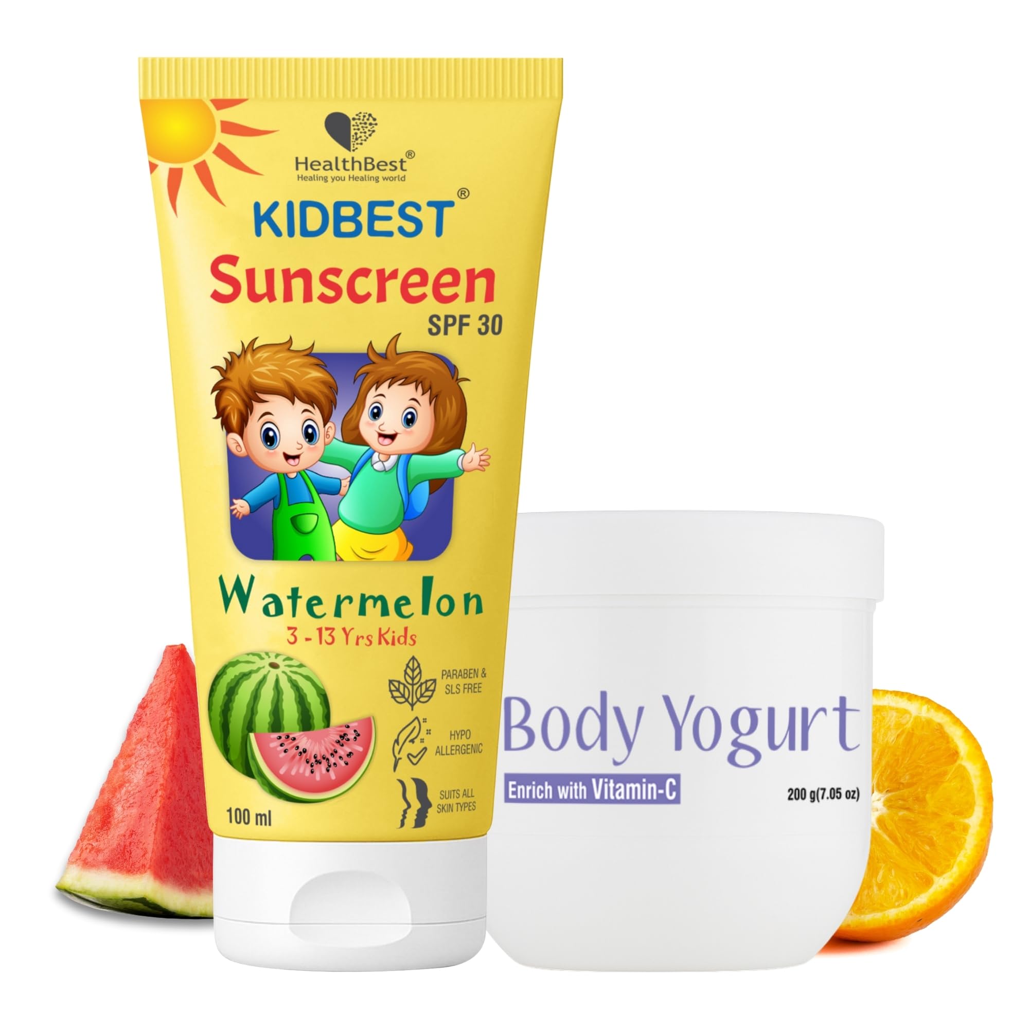 Healthbest Kids Watermelon Cooling Sunscreen Spf 30, Pa+++ 100Ml & Body Yogurt Lotions 200Gm Combo | NonSticky Sun Protection +