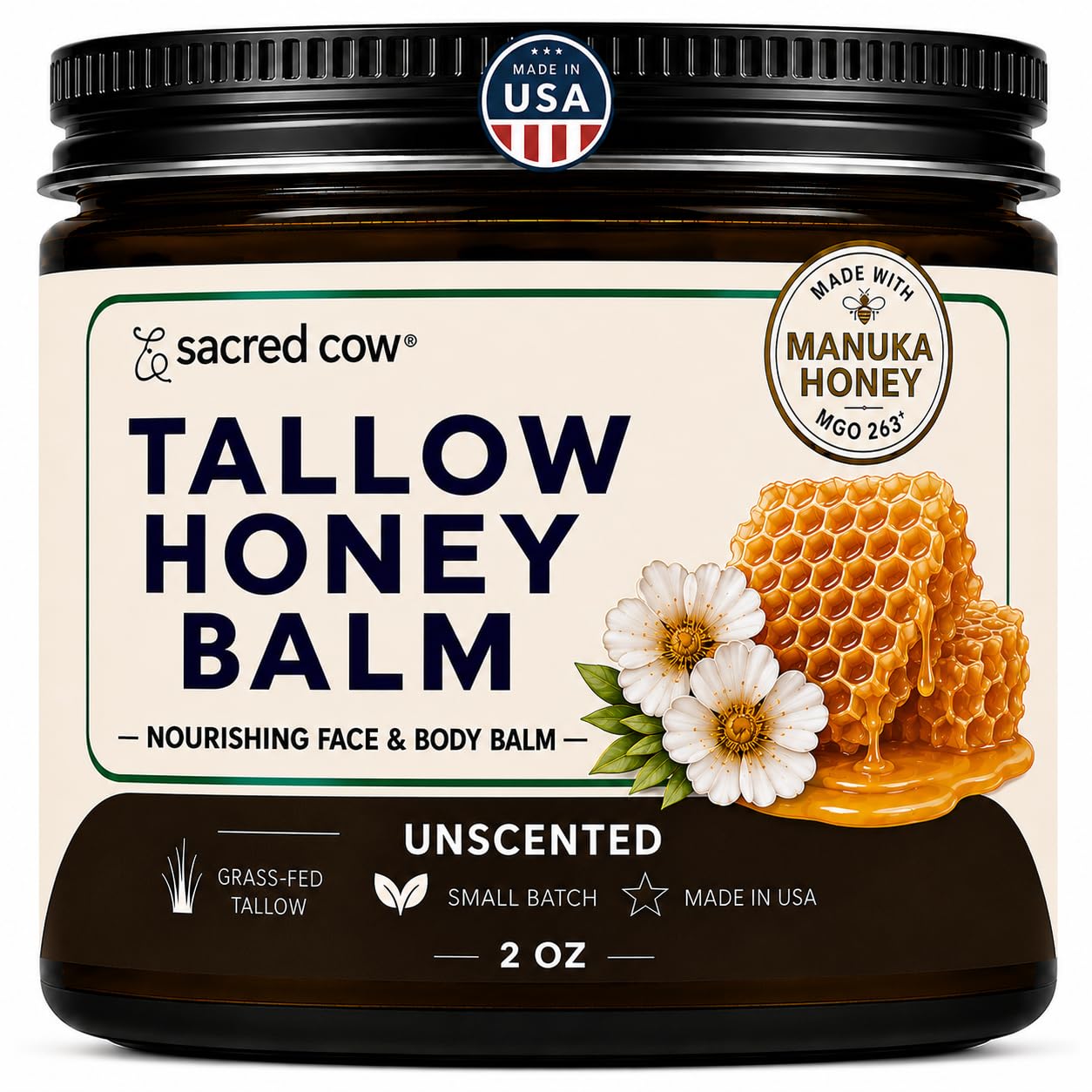 SACRED COW 100% Pure Organic Grass Fed Beef Tallow BALM for Skin Care, Face Moisturizer, Body Butter, Hand Cream  Natural Tallo