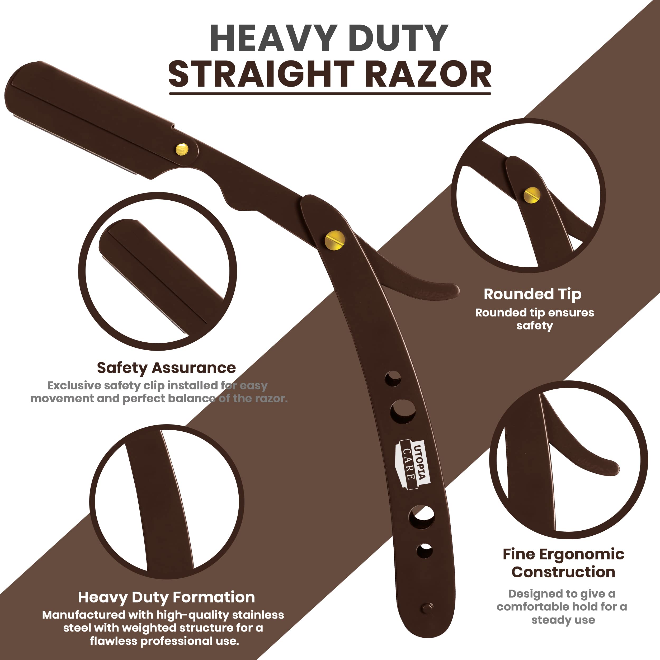 Utopia Care Professional Barber Straight Edge Razor Safety With 100-Pack Blades - 100 Percent Stainless Steel (Brown)